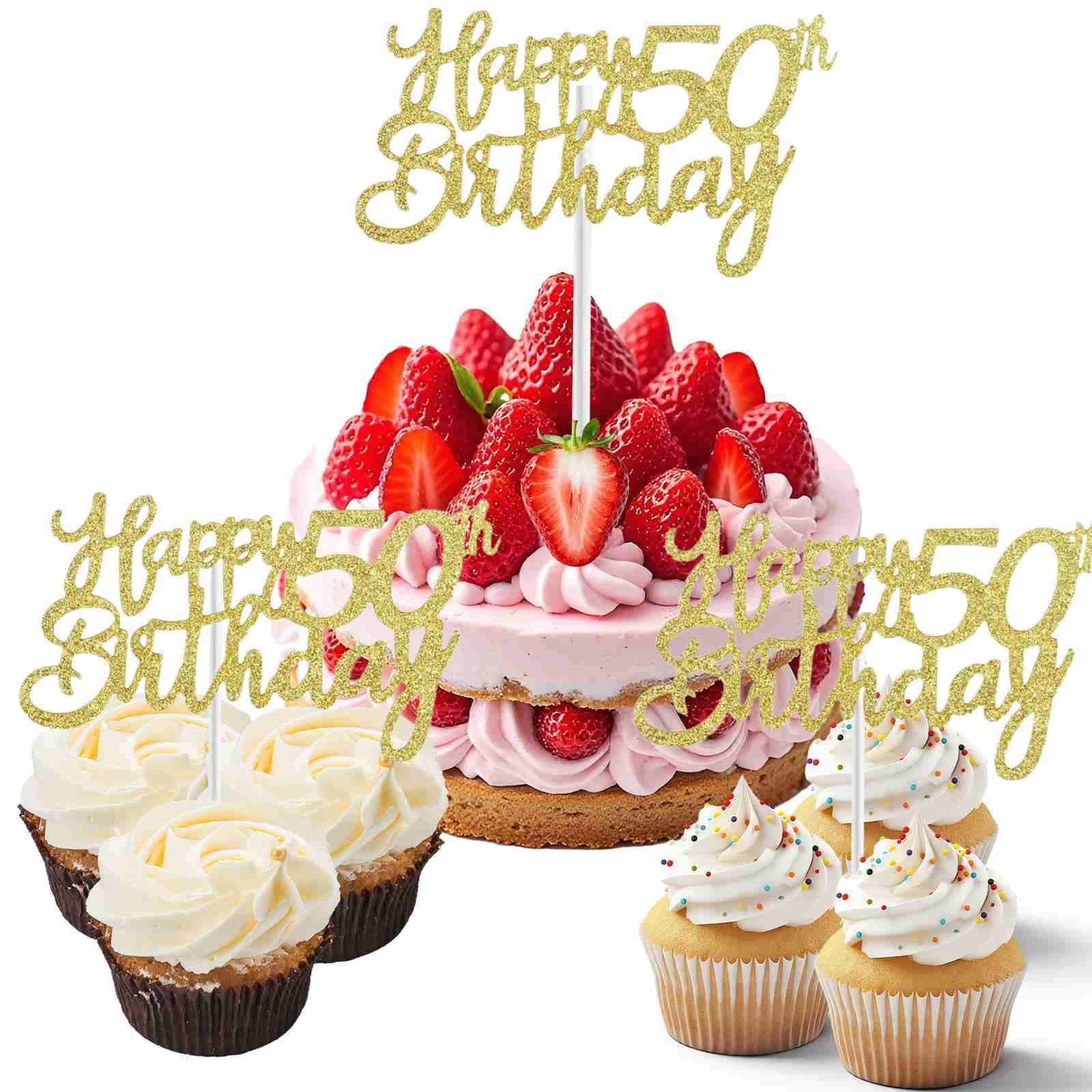 50th Birthday Cake Topper 3 Pack Glitter Gold Happy 50th Cake Decorations Elegant Glittering Script Design On Food Grade Bamboo Stick For Milestone Celebrations Anniversaries And Special Cakes