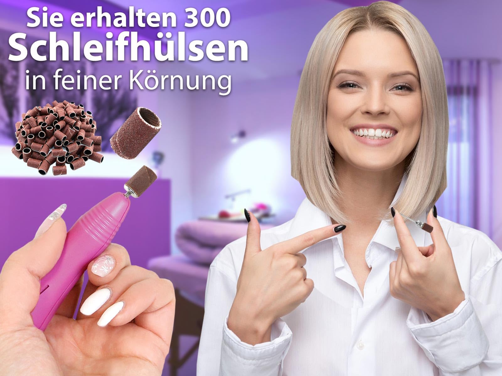 Fußpflegegerät speziell zur Hornhautentfernung mit 300 Schleifhülsen | Nagelfräser Pediküre Schleifer als elektrische Nagelfeile zur Hand und Fußpflege mit Kappenträger & Diamantschleifer