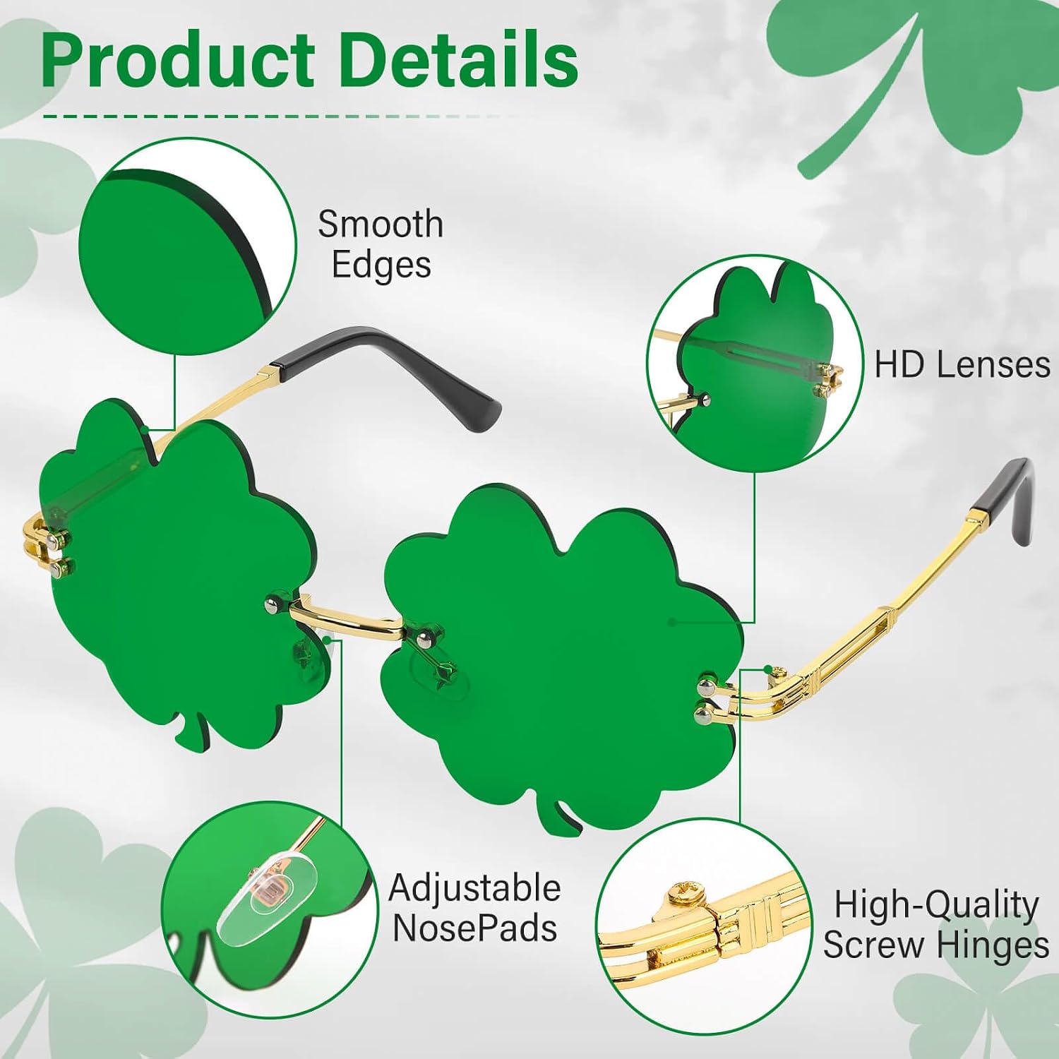 ROADPLUM 4 Pairs of St. Patrick's Day Sunglasses, 2 Styles of Green Sunglasses with Metal Frames for St. Patrick's Day Carnivals Accessories Green Irish Party Fashionable Decoration