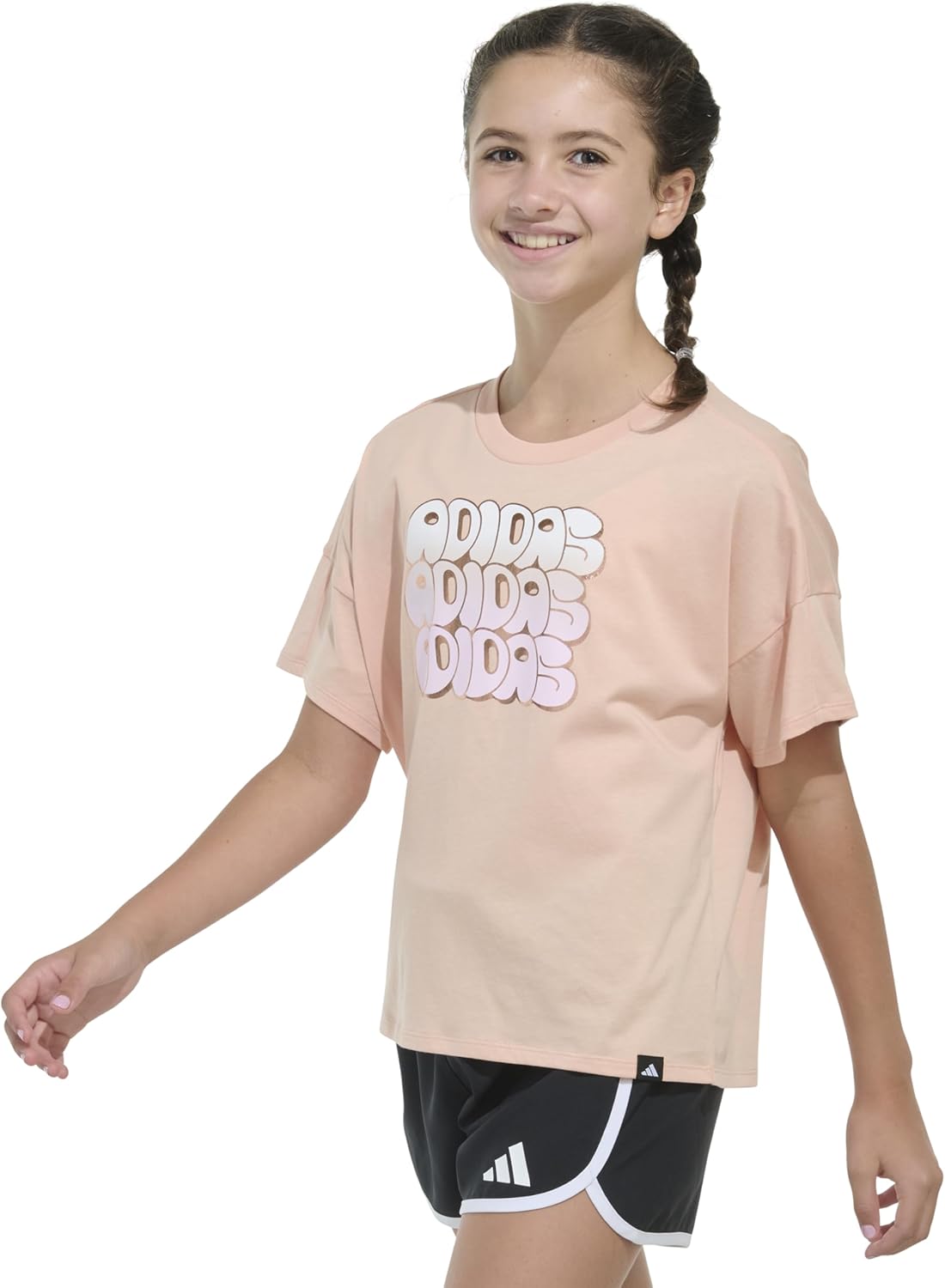 Adidas Girls Short Sleeve Drop Shoulder Graphic Tee Shirt - Image 4