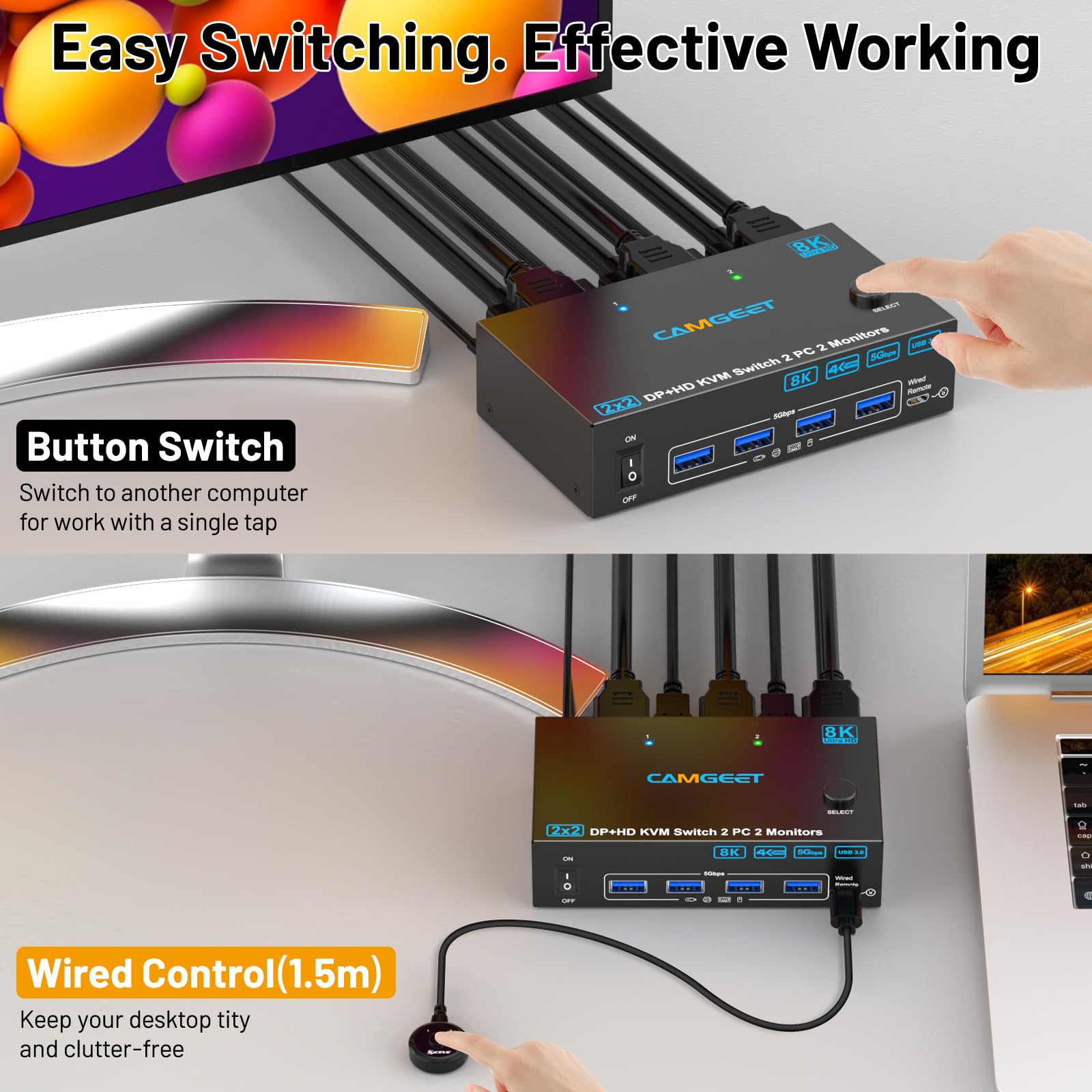 Displayport HDMI KVM Switch 2 PC 2 Monitore 4K@144Hz, Camgeet USB3.0 Dual Monitor KVM Switches für 2 computer teilen sich 2 monitore und 4 USB3.0 Geräte. Mit Desktop Controller, DC12V Adapter