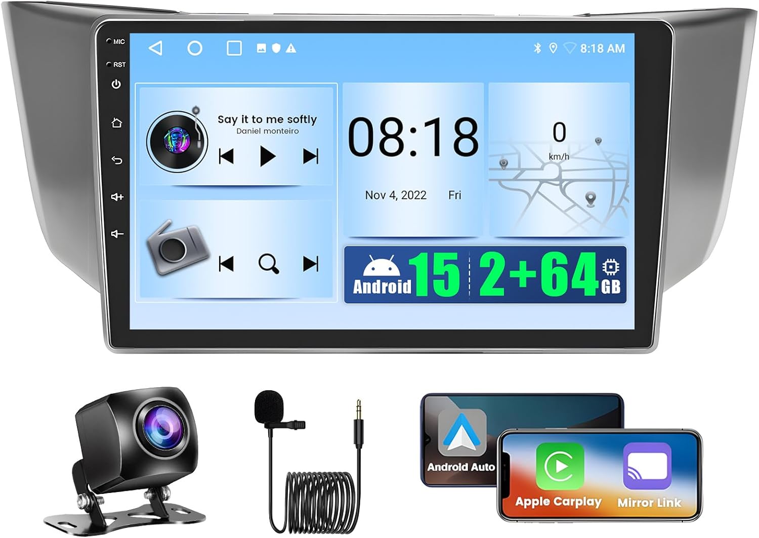 [2+64GB] Android 15 Car Radio for Lexus RX300 RX330 RX350 RX400H 2004-2009 Wireless CarPlay Android Auto, 9 Inch Touch Screen Car Radio WiFi GPS Bluetooth EQ 26UI Backup Camera MIC