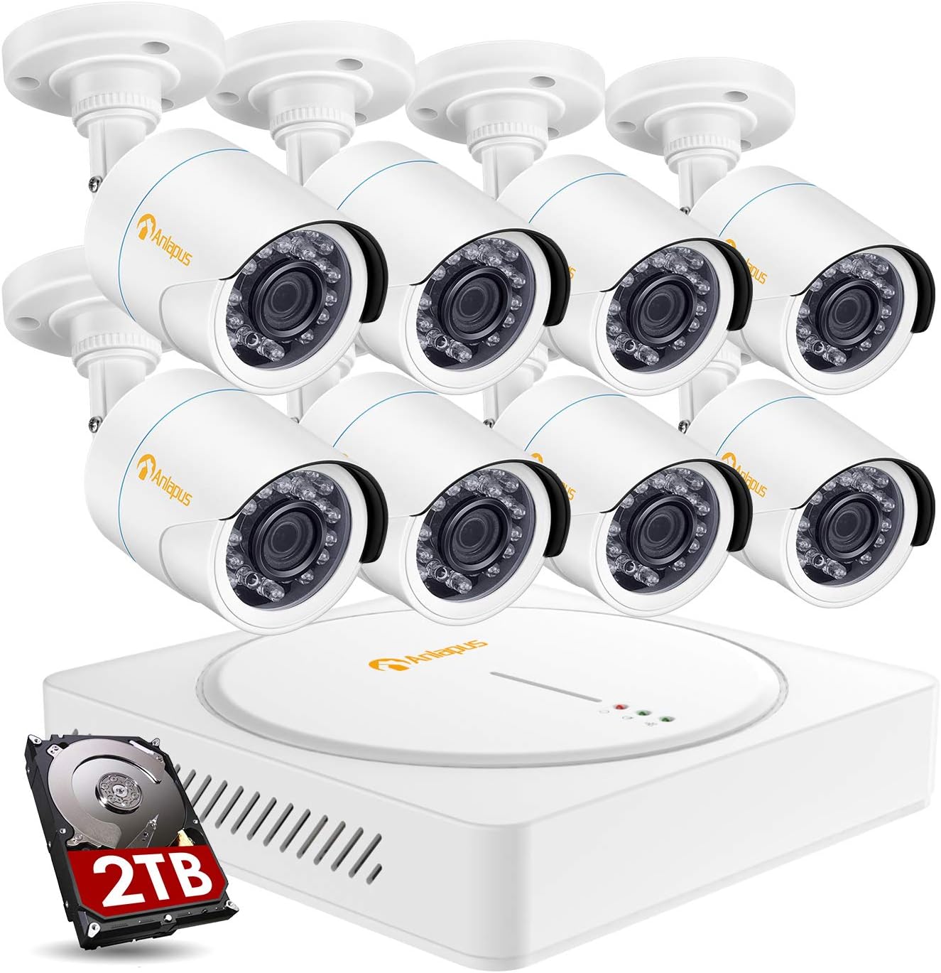 Anlapus 8CH Security Camera System 8 Channel 1080p CCTV DVR Recorder with 2TB Hard Drive and 8PCS 2.0MP HD Outdoor IP66 Waterproof Security Cameras for Homes Easy Remote Access