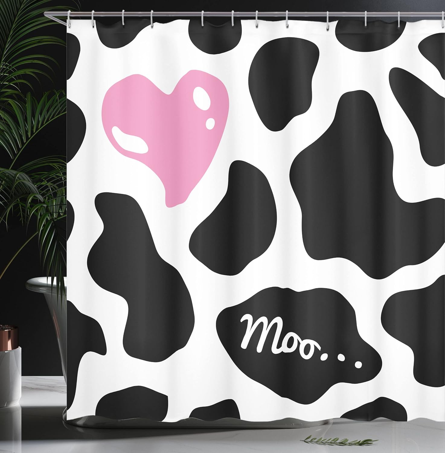 Ambesonne Cow Print Shower Curtain, Camouflage Hide Skin Pattern in Pastel Color Shades Heart Shape Moo, Cloth Fabric Bathroom Decor Set with Hooks, 69" W x 75" L, Pink Black White