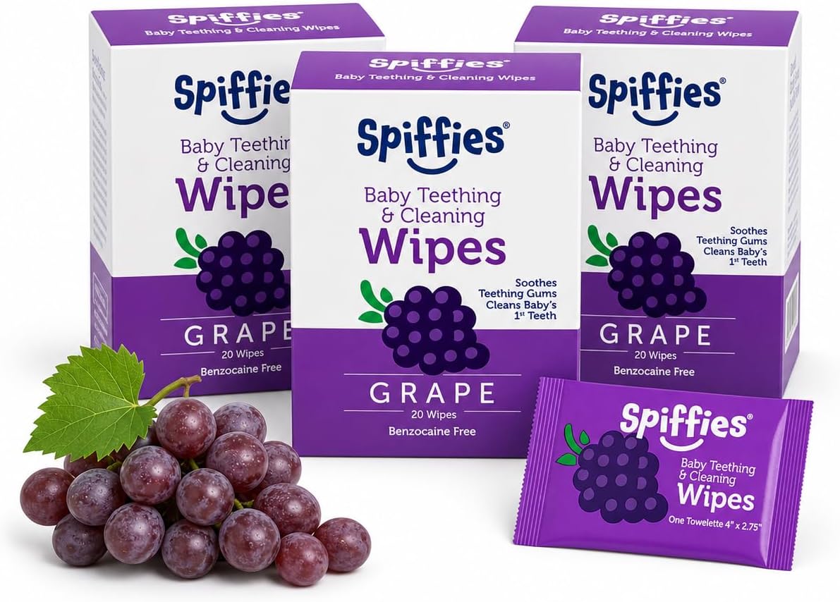 Baby Teeth & Gum Wipes, Grape Flavor, Xylitol, Fluoride Free, 60ct | Individually Wrapped, No Water Needed, Safe to Swallow, No Numbing Agents, No Added Sugar, Sugar-Free, Ages 4-24M