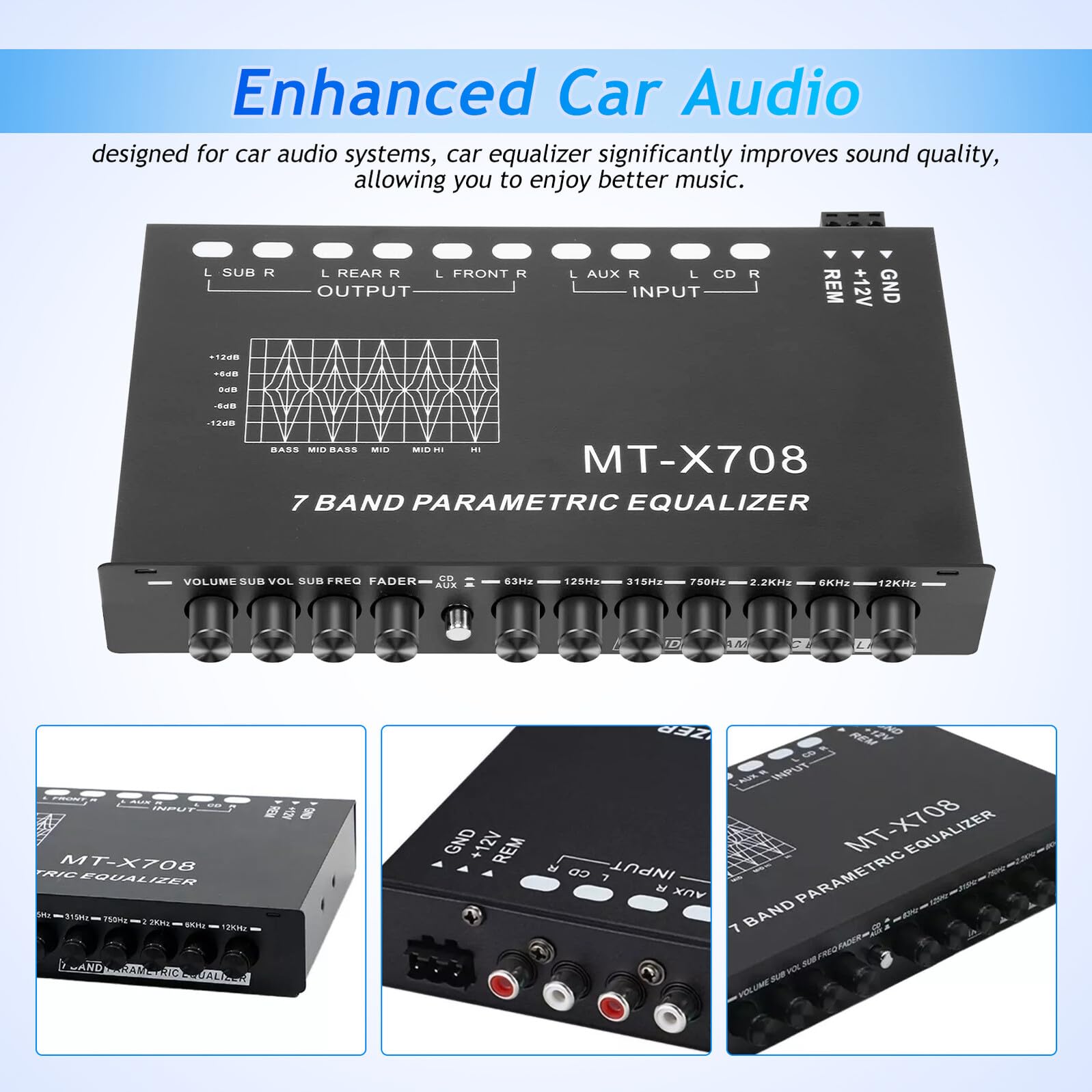 Alipis Ecualizador Digital de 7 Bandas para Coche, Amplificador de Sonido en Metal Seis Canales, Mejora la Calidad de Audio en Sistemas Estéreo de Automóvil