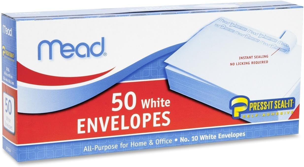 Mead #10 Envelopes, Press-It Seal-It, White, 50/Box (75024) : Business Envelopes : Office Products