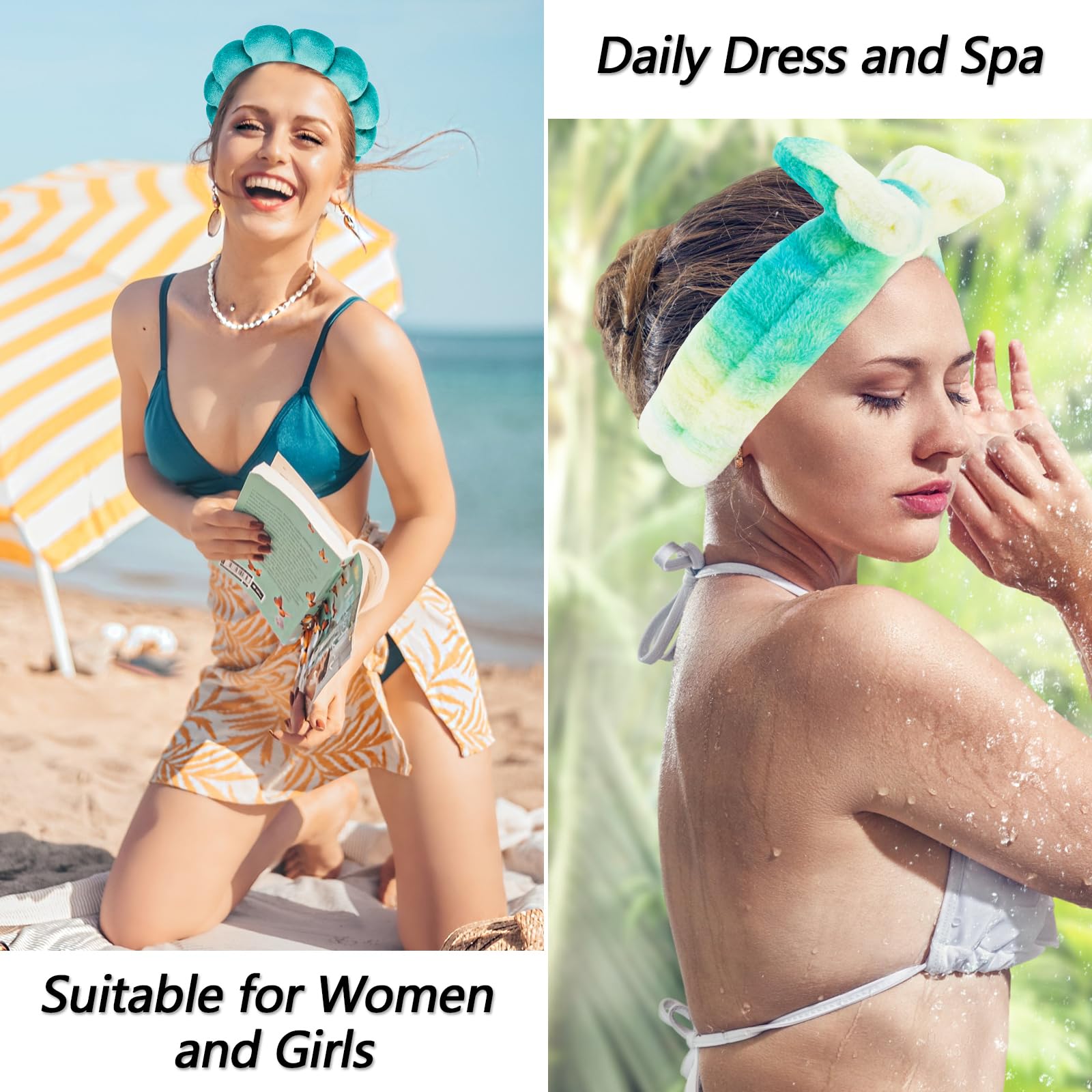 VELSCRUN Fascia per capelli da spa, per il lavaggio del viso e la cura della pelle, 6 pezzi, verde colorato, papillon in spugna per prepararsi, set di braccialetti per il viso, roba per ragazze e