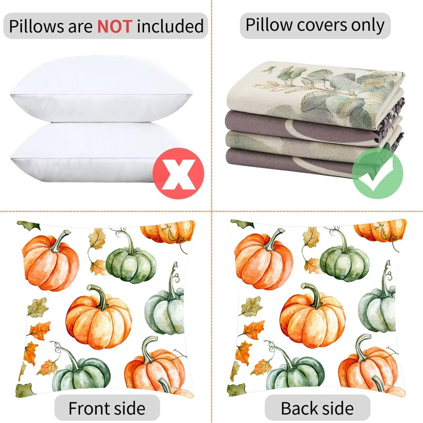 Poduszki Sofa Jesienna Dynia Poszewka na poduszkę 60 x 60 Poduszka Dekoracja łóżka Zestaw 4 aksamitnych kwadratowych poszewek na poduszki z ukrytym zamkiem błyskawicznym Nadaje się do salonu Sofa