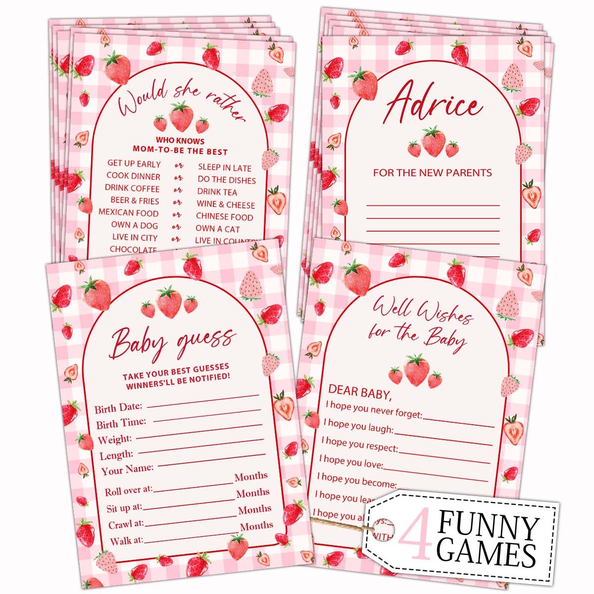 Strawberry Baby Shower Game, 4 Funny Games for Boy or Girl, Babies Guess Cards, Would She Rather, Advice for New Parents, Well Wishes for Babies,