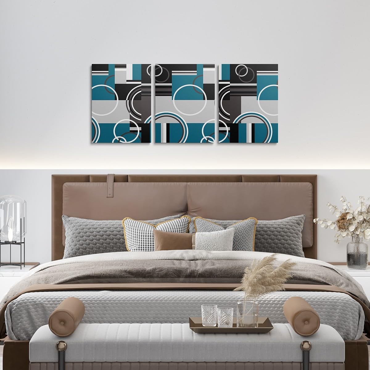 Erosebridal 3 Panel Modern Turquoise Decor Wall Decor Gray Black Blue Stripe Geometric Framed Canvas Prints 12x16 Retro Circle Swirls Canvas Wall Art Modern Abstract Texture Color Art Poster Print