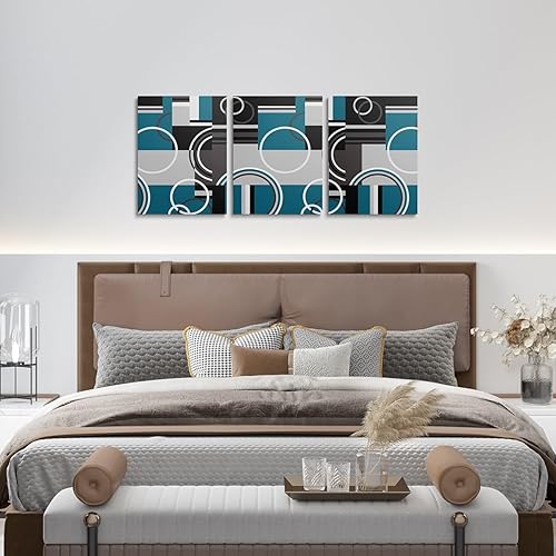Miniatura 2 de Erosebridal 3 paneles de decoración moderna turquesa para decoración de pared, gris, negro, azul, rayas, geométricos, enmarcados, lienzo, 12 x 16