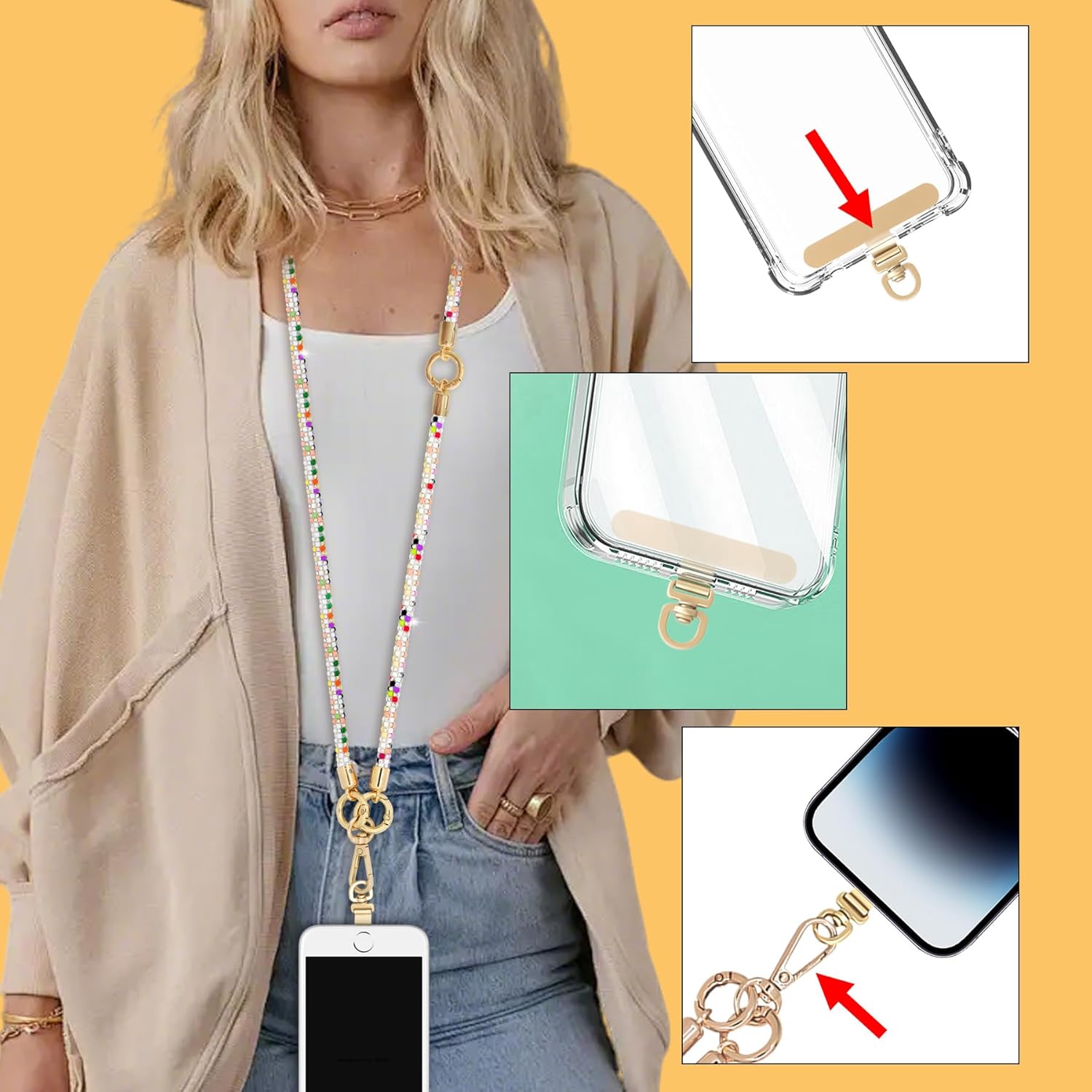 Crystal Phone Strap Crossbody and Wrist Lanyard, Anti Theft Layered & Wrist Strap Cell Phone Neck for Women - Image 7