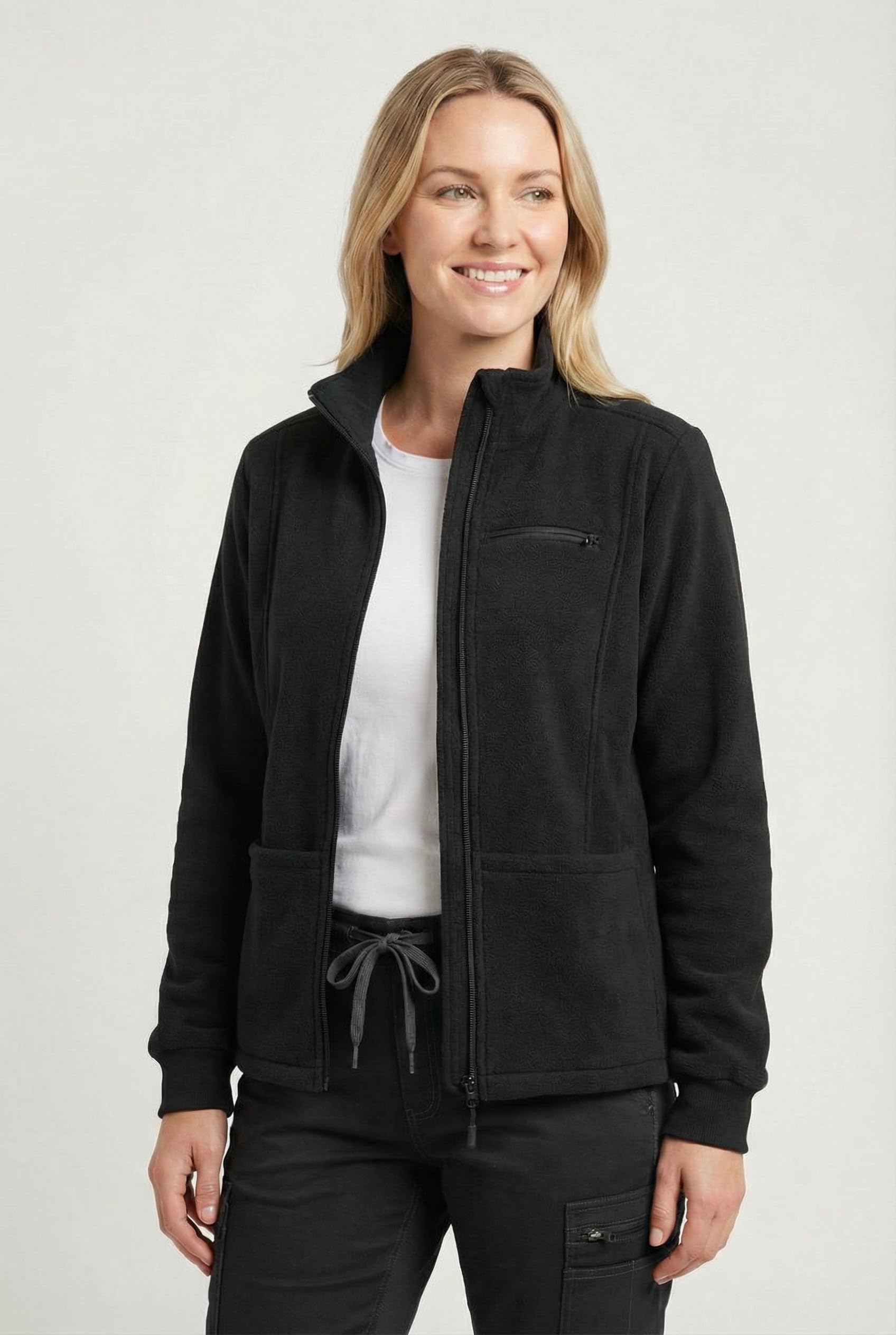 Nurse Women Fleece Scrub Jacket with 5 Pockets Zip Front Jacket Slim Fit Nursing Warm-up Fleece Medical Coat Stretch Fabric