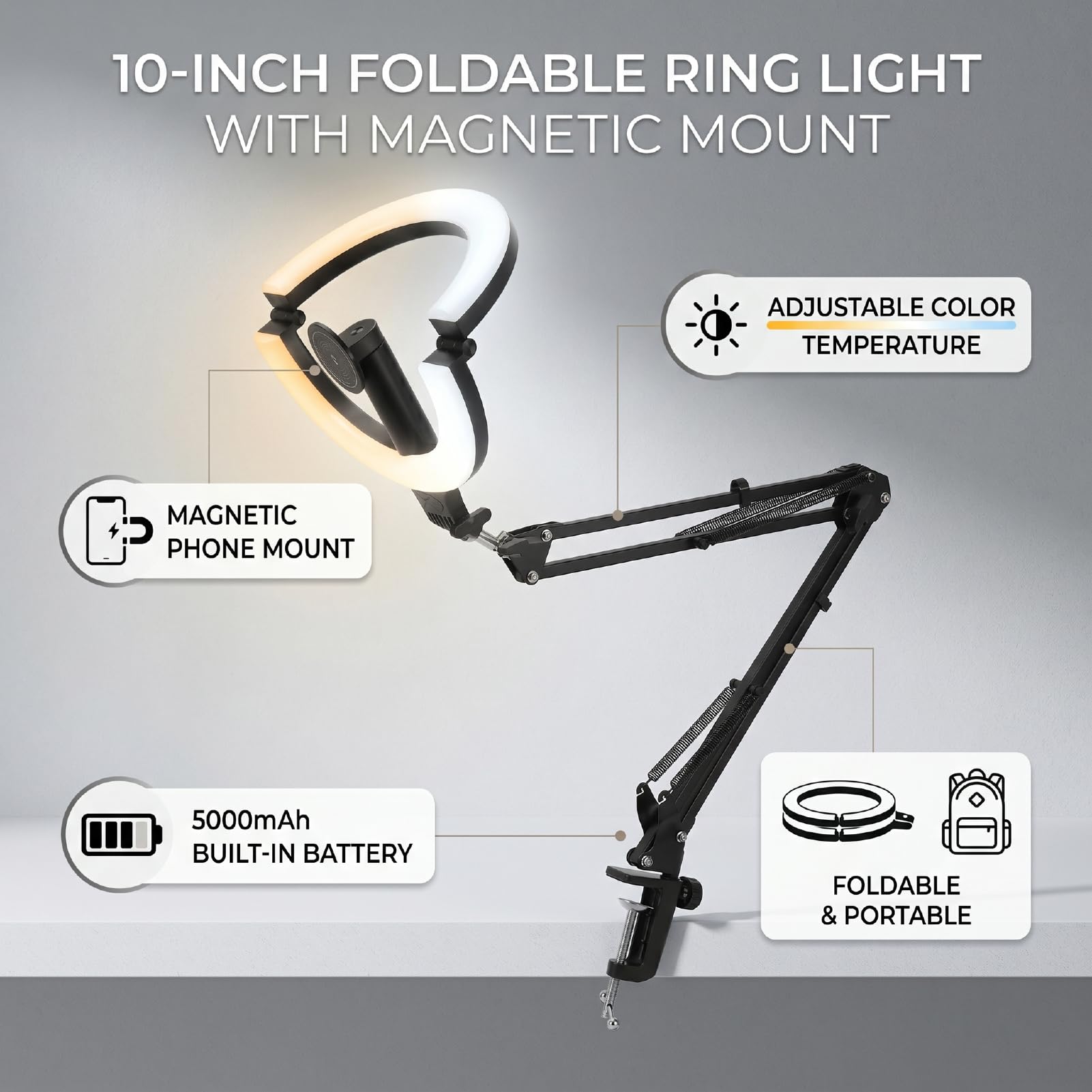 Karlak Anneaux Lumineux LED Pliables de 10 Pouces, avec Support de Téléphone Magnétique pour Le Maquillage et Le Streaming, Solution D'éclairage Portable 3000K-6500K
