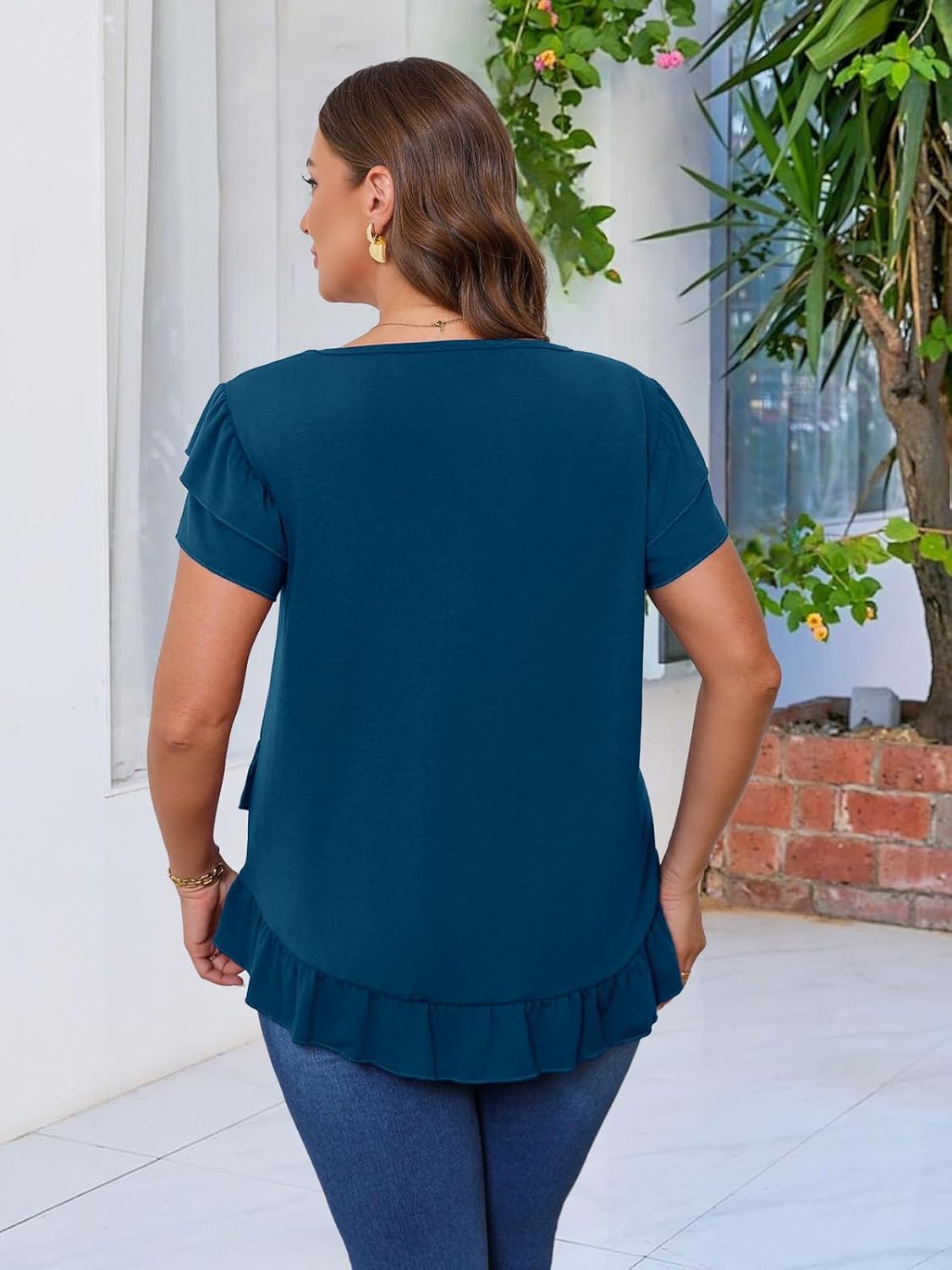 Beauhuty Womens Plus Size Shirts Square Neck Loose Tops Ruffled Hem Tunic Casual Flowy Dressy Blouses Ruffle Short Sleeves - Image 6