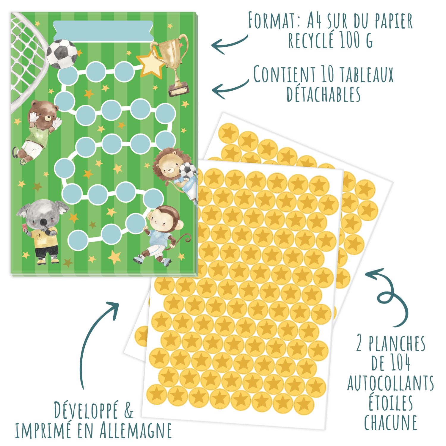 TABLEAUX DE RÉCOMPENSES POUR ENFANTS STARPLAST - Comprend 16 feuilles, 4 designs et 16 feuilles