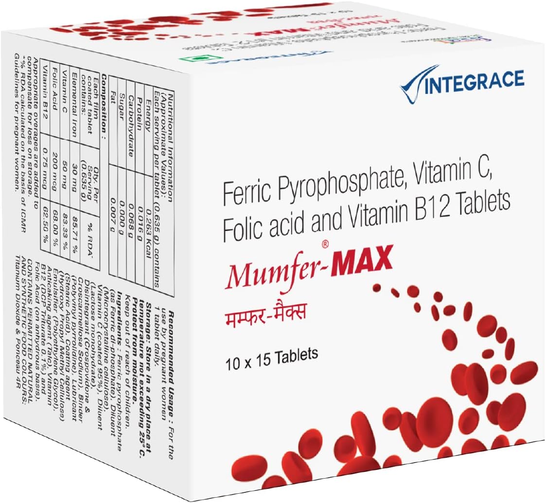 Mumfer Max | 150 Tablets | Iron, Folic Acid Supplement, Vitamin C & Vitamin-B12 | Supports Blood Building, Immunity and Energy