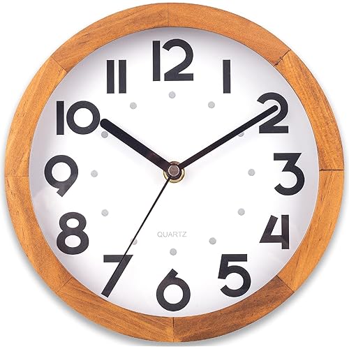 BEW Small Wall Clock, 8 Inch Silent Retro Wooden Wall Clock, Decorative Wood Wall Clock for Kitchen, Bedroom, Living Room