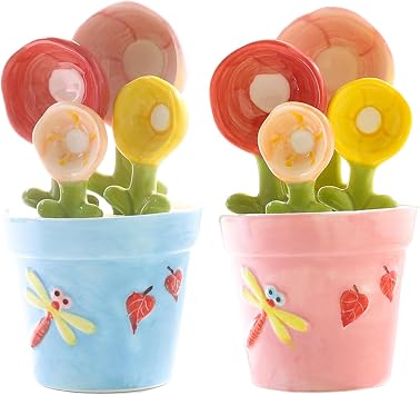 1 Set Flower Measuring Spoons, Ceramic Cactus Measuring Spoons Set In Pot, Decorative Flower Measuring Ladles and Cup Set, Cute Measuring Ladles for Home, Style 2