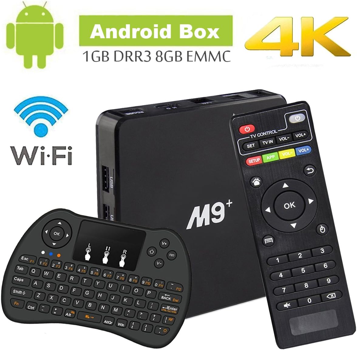Android TV Box M9 Amlogic S905X Cortex A53 64Bit Wifi 4K UHD H.265 Smart TV Box Quad Core 8GB 1GB, With Mini Wireless Keyboard, Play Games Movies without Freezing and Buffering