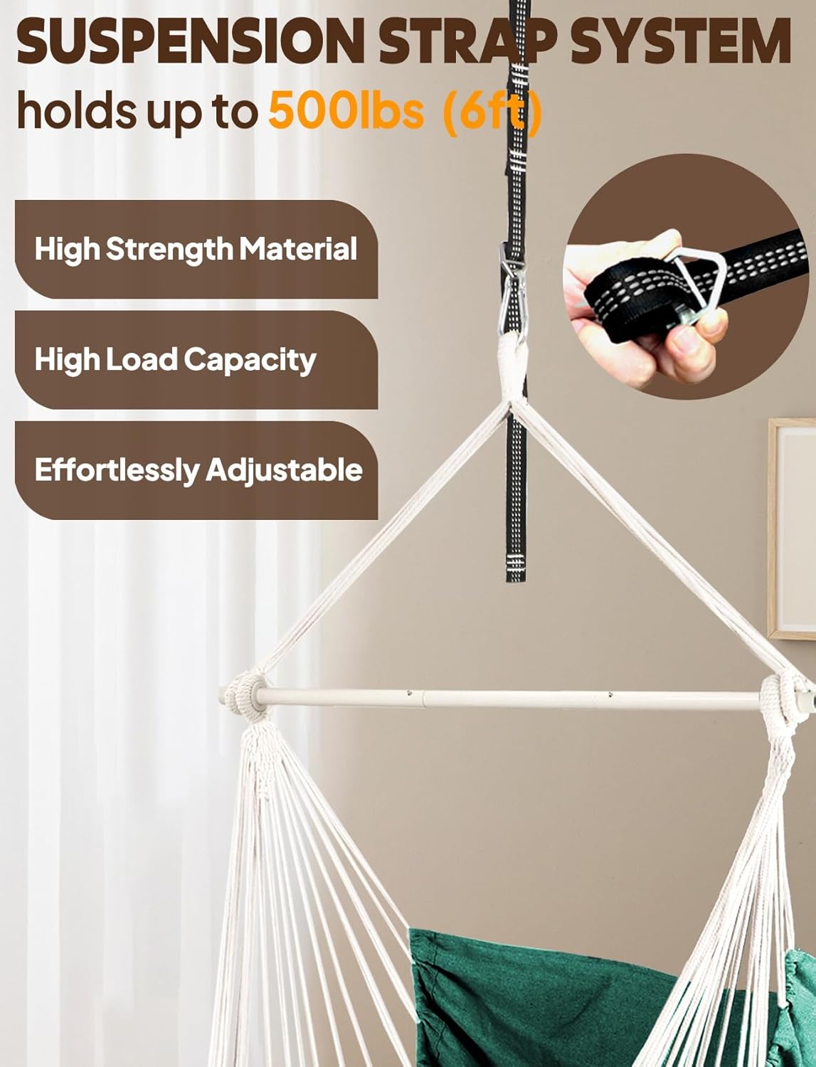 Chihee Hammock Chair Hanging Swing Max 500 Lbs 2 Cushions Included Metal Spreader Bar with Anti-Slip Grooves Portable Hanging Chair Side Pocket Large Macrame Bohemian Chair Indoor Outdoor - Image 3