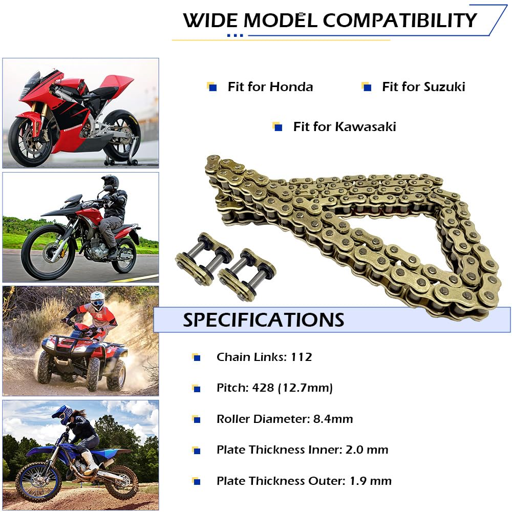 Gold 428 X-Ring Motorcycle Chain 112 Links OEM#40530-K28-911 92057-1099 27600-20911-112 — Amazon image 4