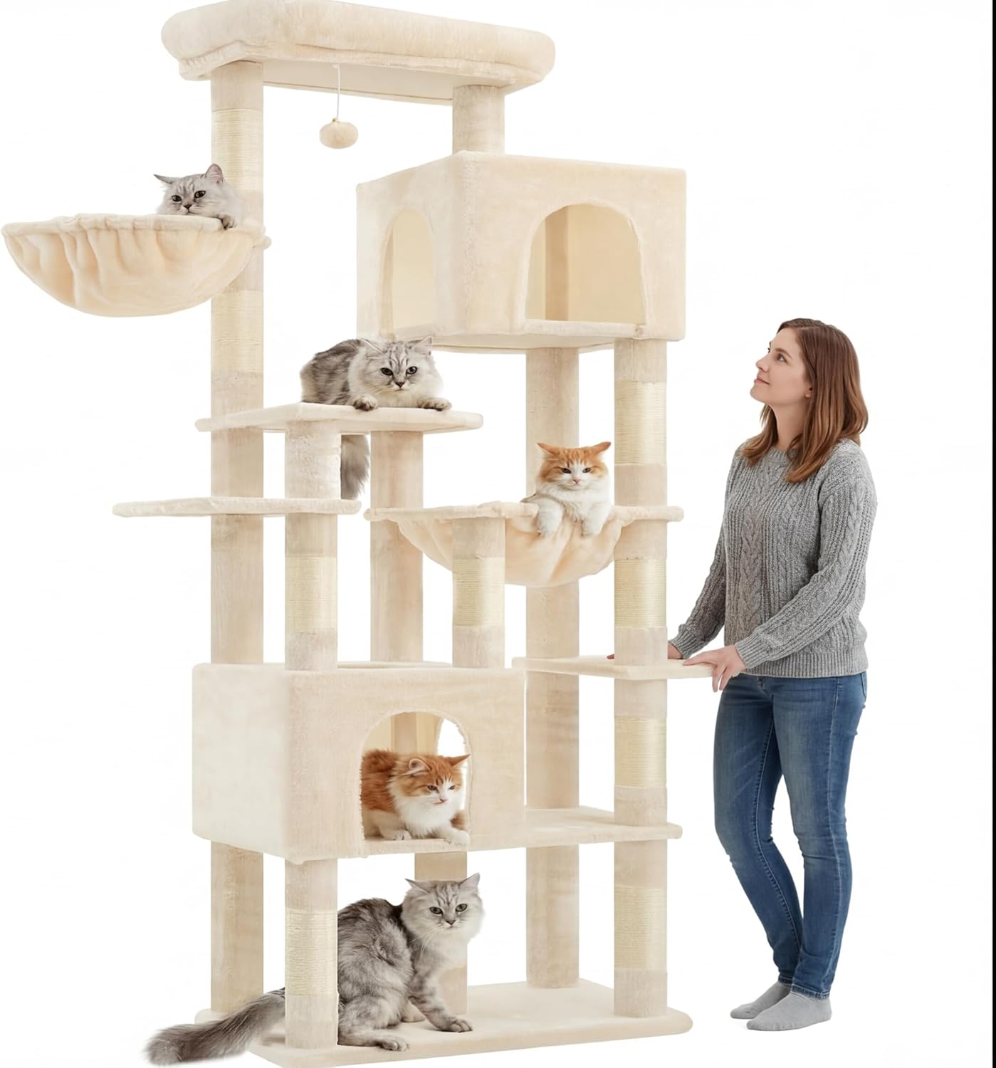 Heybly Cat Tree, 76-Inch Tall Heavy Duty Cat Tower for Big Cats with Extra Wide Baseboard, Multi-Level Large Cat Furniture with 2 Condos & 2 Hammocks, 10 Scratching Posts, Beige HCT039M