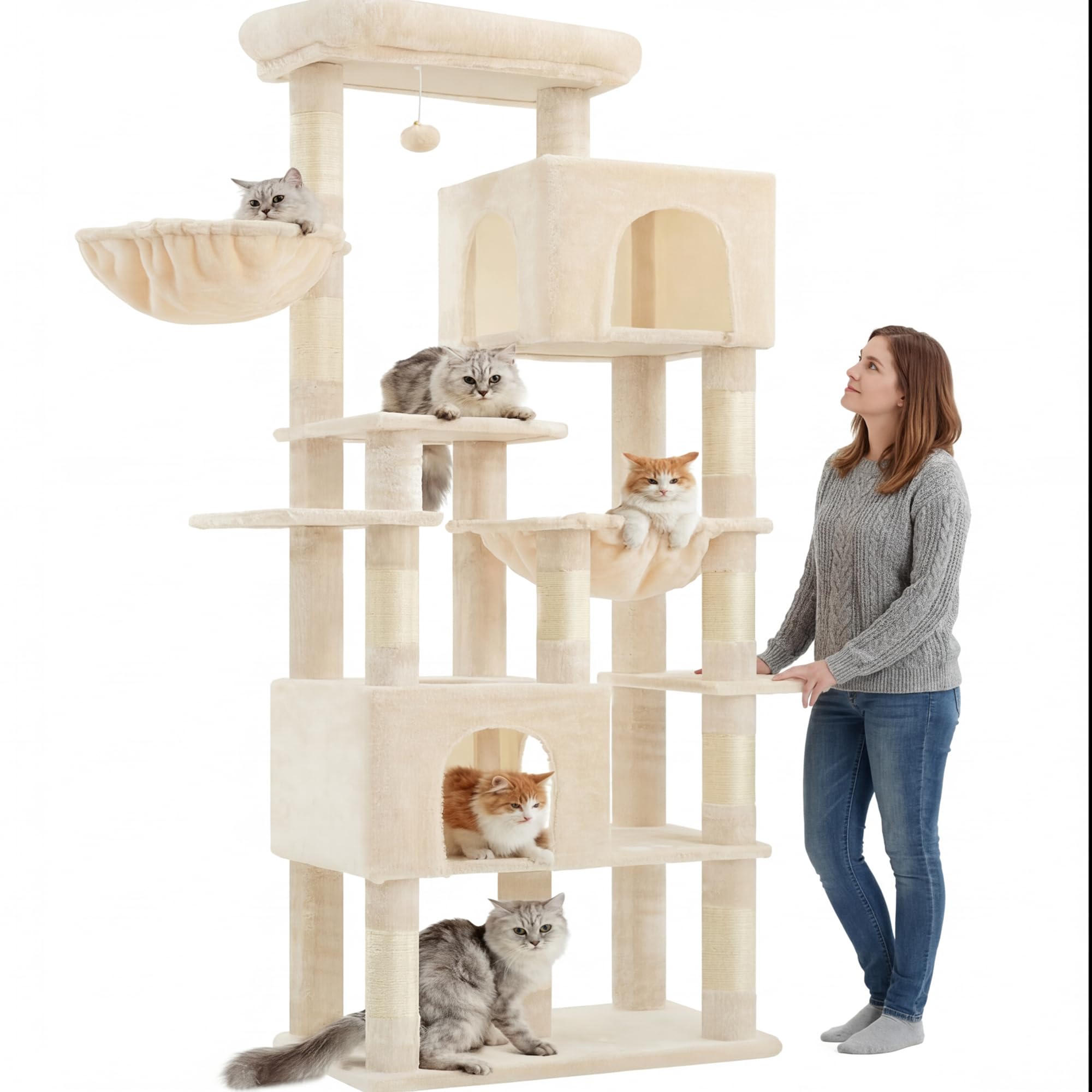 Heybly Arbre à Chat XXL 193cm, Base Extra Large, Tour Lourde avec 10 Poteaux en Sisal et 2 Hamacs pour Chats, 2 Niches Design, Mobilier et Couchage pour Chats Géants, Beige HCT039M