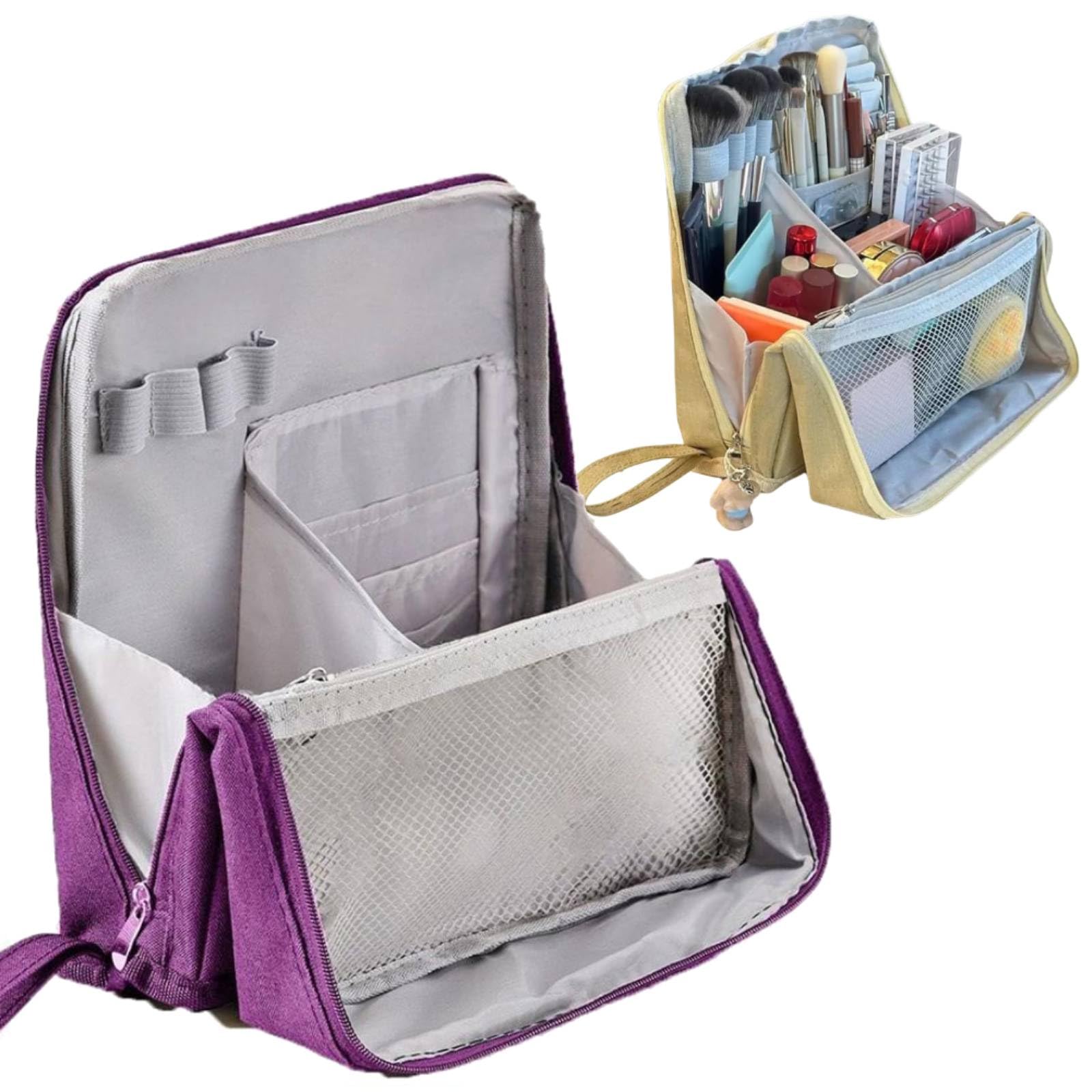 Doresty Makeup Bag, Standing Makeup Bag, Multi-Purpose Large Capacity Oxford Cloth Makeup Organizer, Waterproof Multipurpose Stand Up Toiletry Bags, Stationery Organizer with Compartments (Purple)