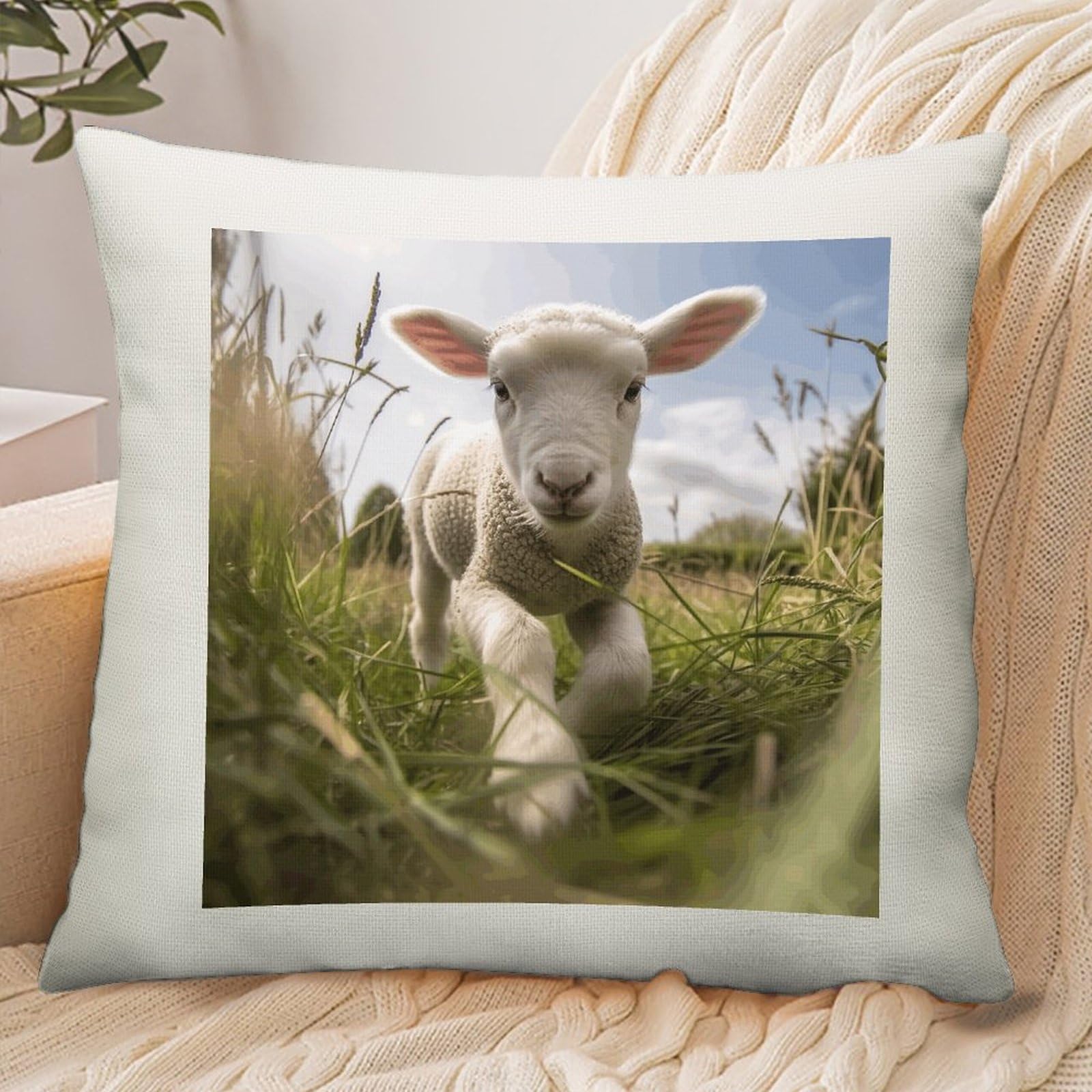 Adfgyerh Style Sheep Running On Grass Pillow Cover Breathable,Pillowcases Boho Decorative Envelope Closure,Throw Pillow Covers For Beach,Patio,Balcony,Couch Living Room 16 * 16In