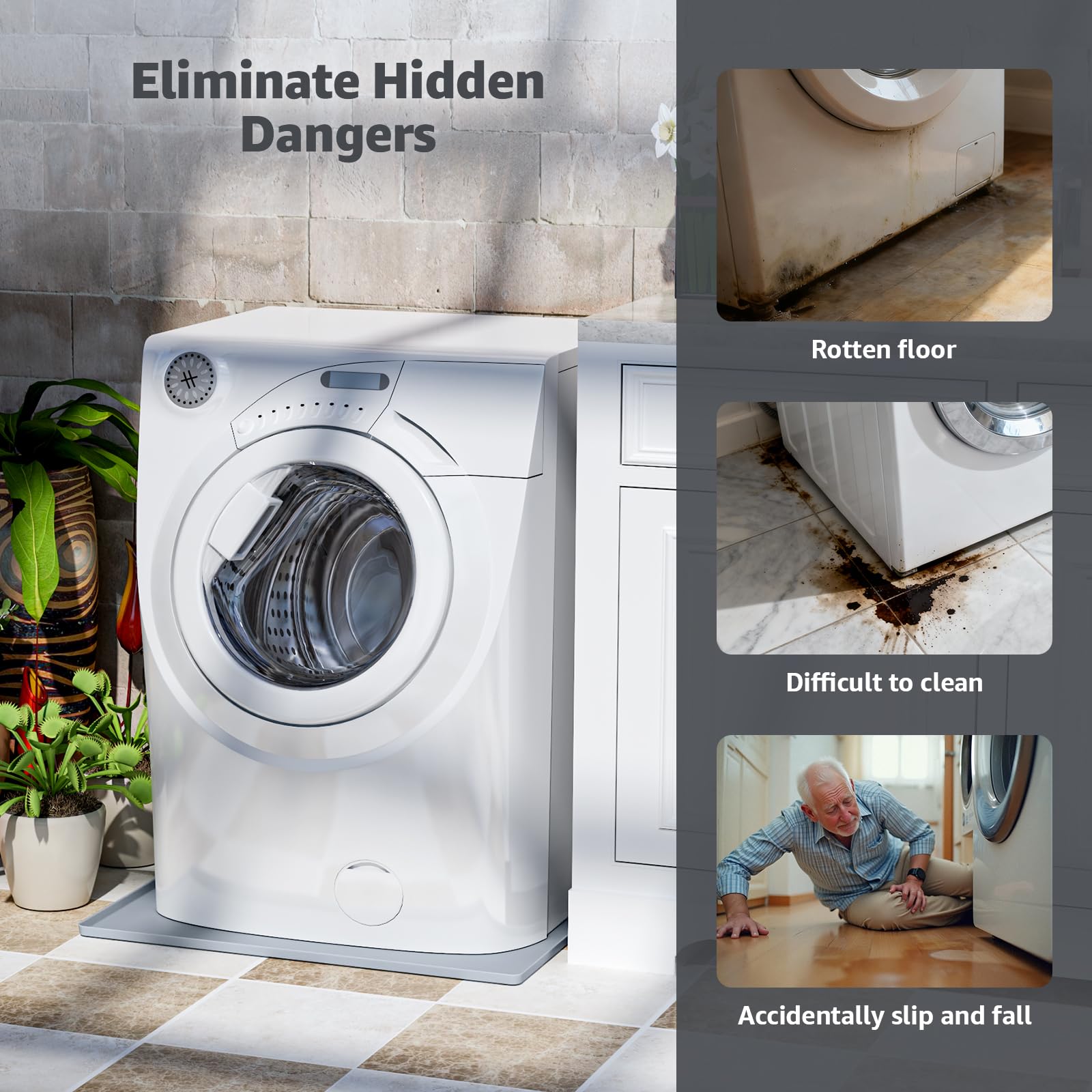 27''x27'' Washing Machine Drain Pan Silicone Mat with 0.78'' Raised Edges(Leak Protection),Non-Slip & Anti-Vibration Washer Drip Tray for Floor Protection,Washer/Dryer,Refrigerator,Rubber Pad,Gray