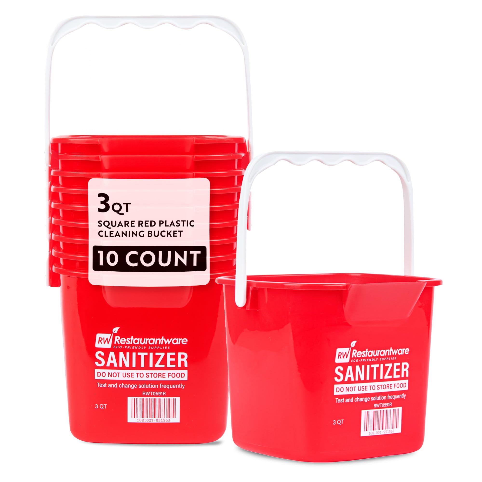 RW Clean 3 Quart Cleaning Buckets, 10 Detergent Square Buckets - With Measurements, Built-In Spout And Handle, Red Plastic Utility Buckets, For Home Or Commercial Use, Restaurantware