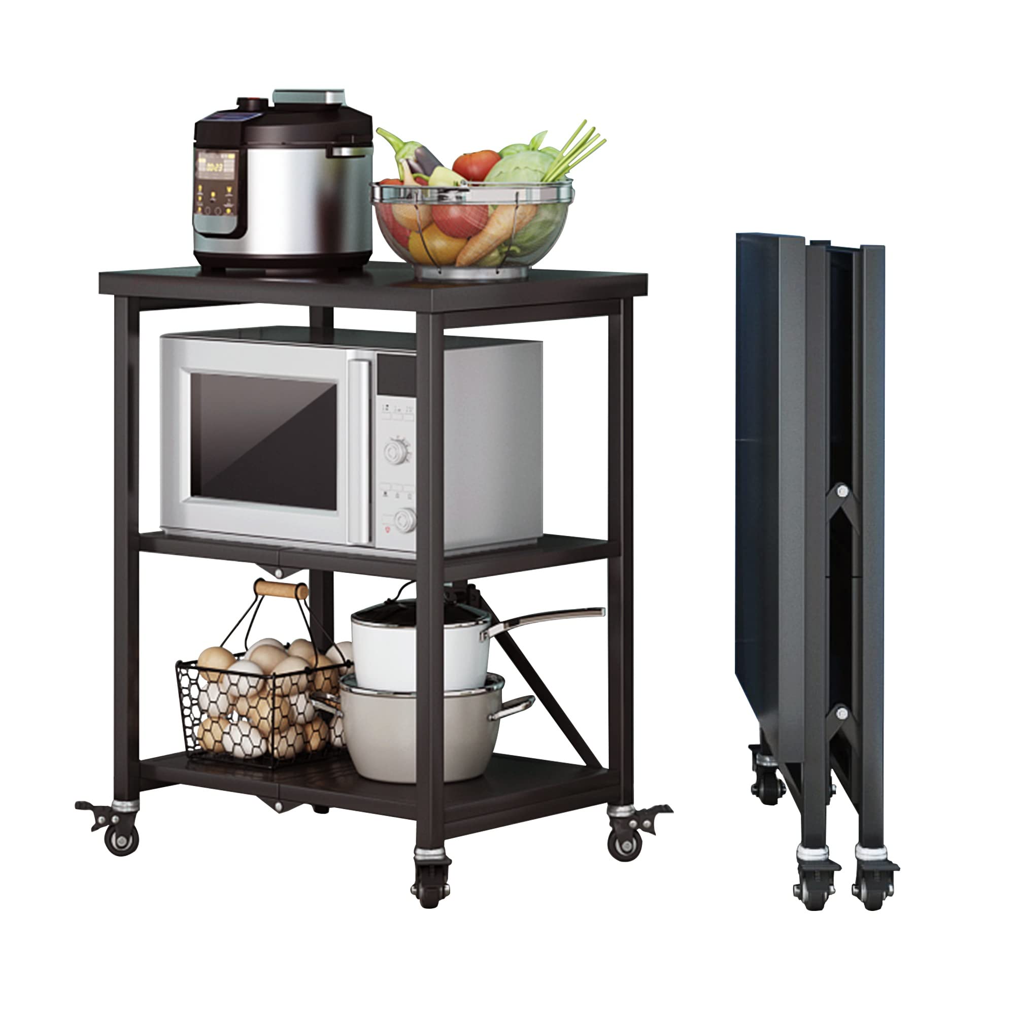 Carrello pieghevole con contenitore in acciaio inox, 3 ripiani e ruote di bloccaggio, per uso domestico e ristorante