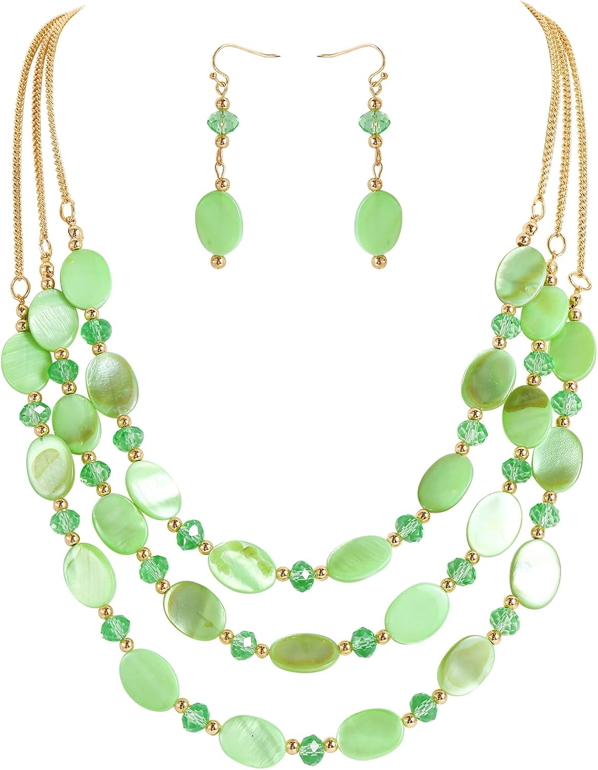 Firstmeet 3-Layer Oval Mother of Pearl Bead Necklace and Earrings Women Set