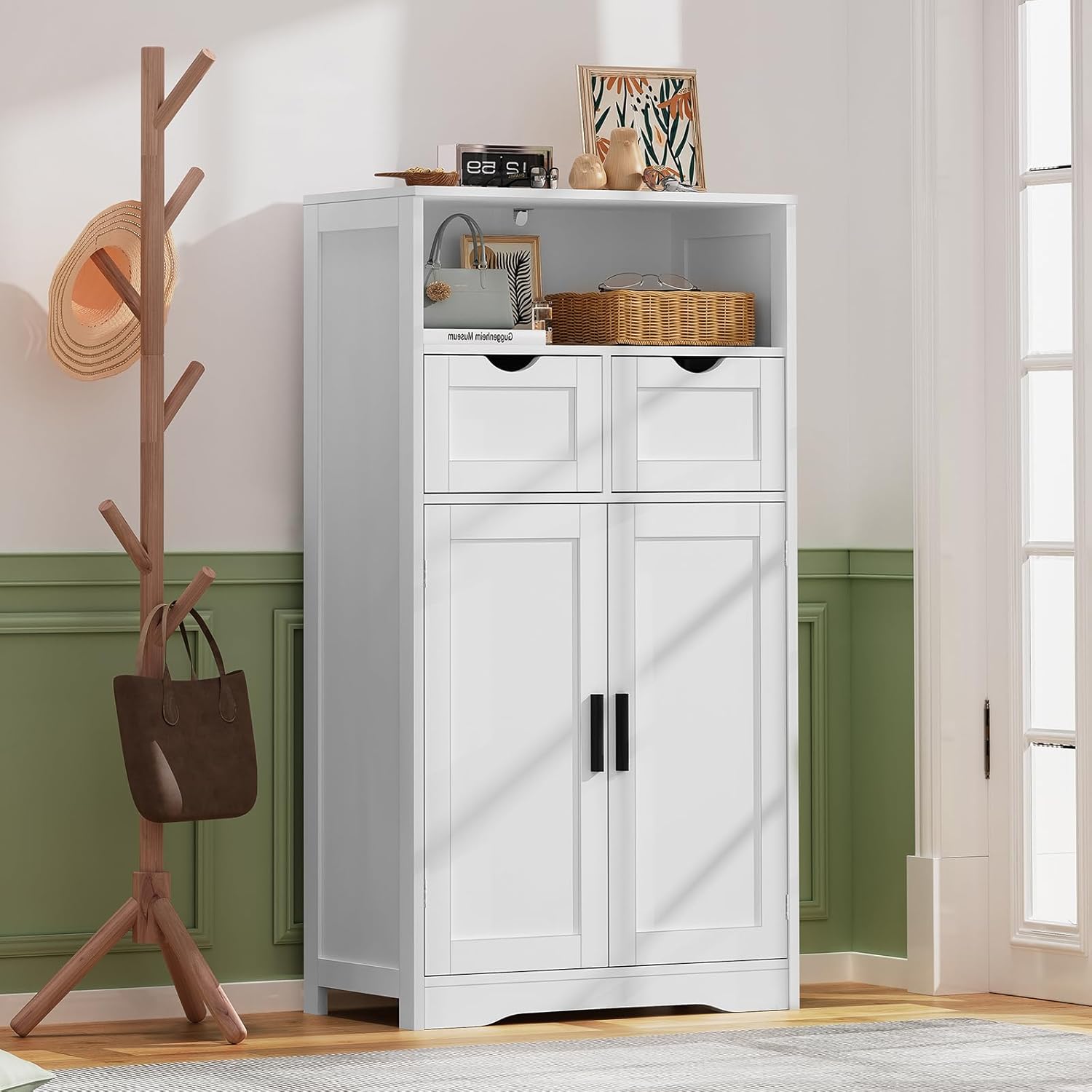 Iwell Bathroom Cabinet with Doors and Drawers, Freestanding Bathroom Storage Cabinet, Adjustable Shelves, for Living Room, Kitchen, Home Office, White