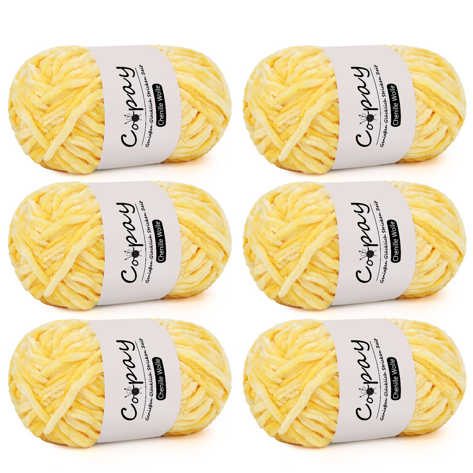 Coopay Chenille Wolle zum Häkeln, 6x100g Weiche Samtig Chenillegarn, Flauschige Dicke Wolle zum Stricken, Warme Plüschwolle Häkelgarn für Decken, Schals, Mützen - Gelb