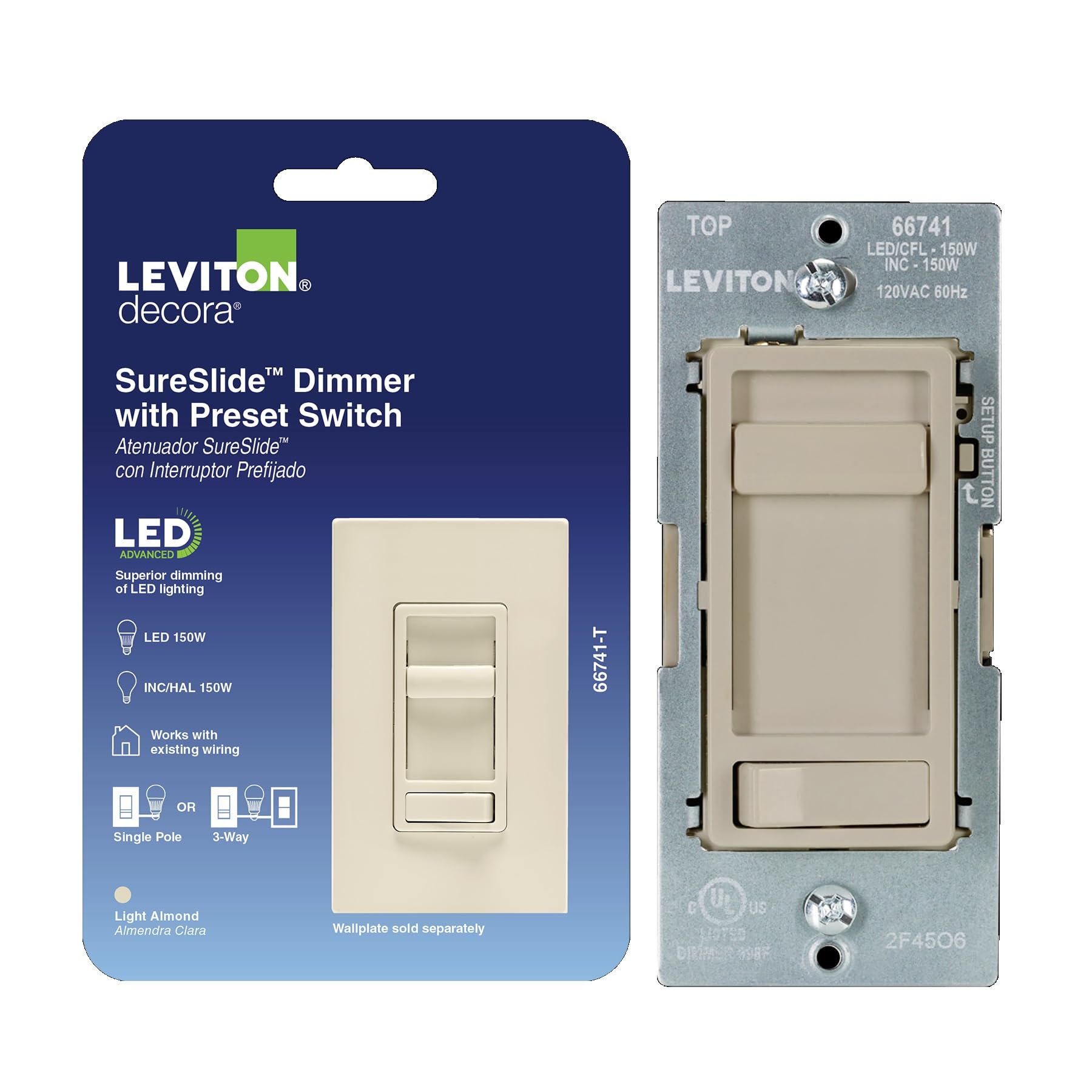 Photo 1 of Leviton SureSlide LED Advanced Dimmer Switch for 150W Dimmable LED, Halogen and Incandescent Bulbs and Fixtures, 66741-T, Light Almond