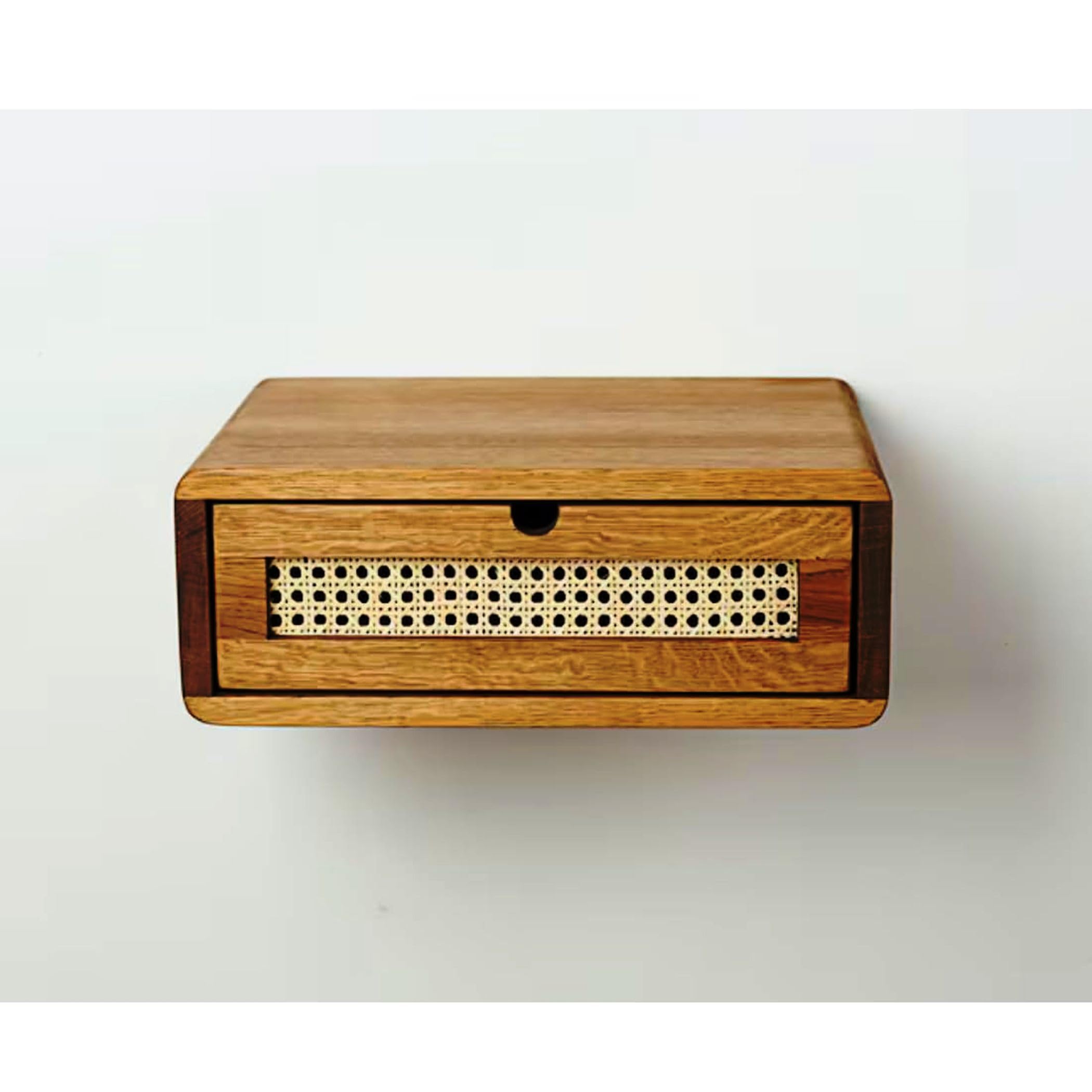 Solid Mango Wood Wall Mounted Nightstand with Rattan Drawer | Handmade Floating Bedside Table | Minimalist Boho Shelf Organizer for Bedroom | 30x30x12 cm-image-18