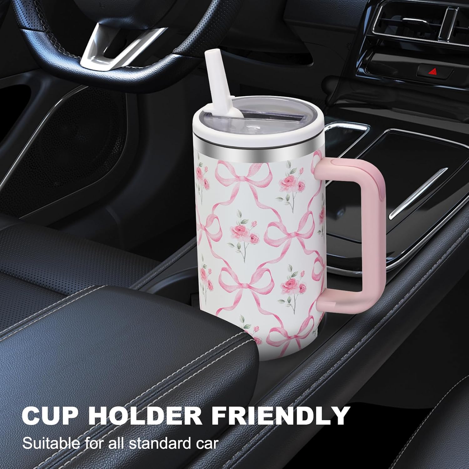 40 oz Pink Bow Floral Tumbler with Handle and Flip Straw Lid, Vacuum Insulated Leak Proof Double Walled Stainless Steel Travel Mug Flower Tumblers, Maintains Cold Ice and Heat for Hours - Image 5
