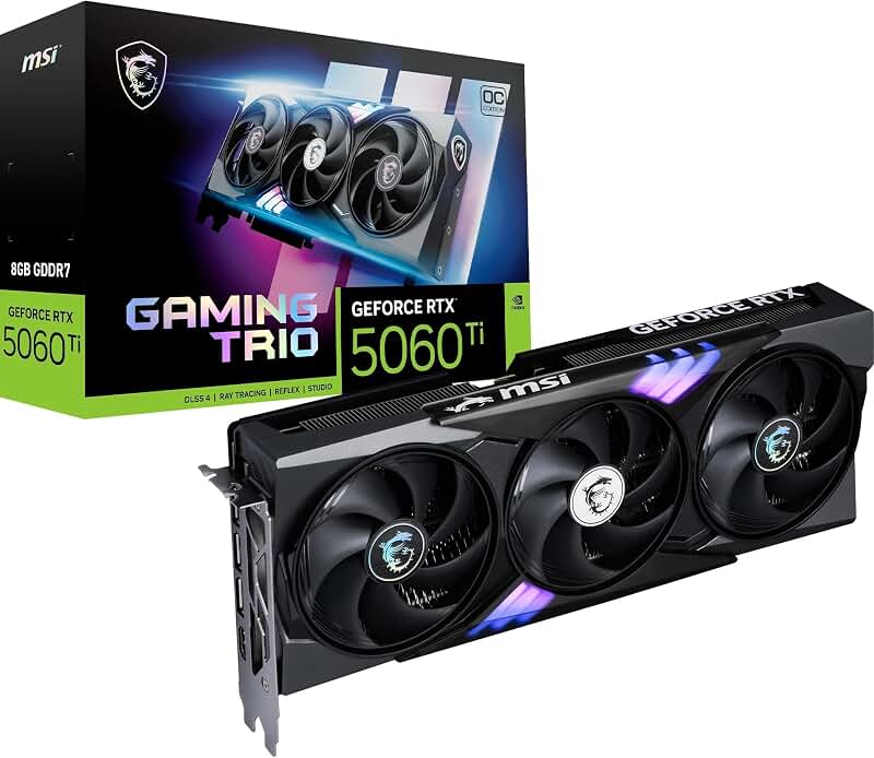 MSI NVIDIA GeForce RTX 5060 Ti 8G Gaming Trio OC Carte Graphique | 8 Go GDDR7 (28 GB/s, 128-bit), PCIe 5.0, TRI FROZR 4 (3 ventilateurs STORMFORCE), RGB, HDMI 2.1b, DisplayPort 2.1b