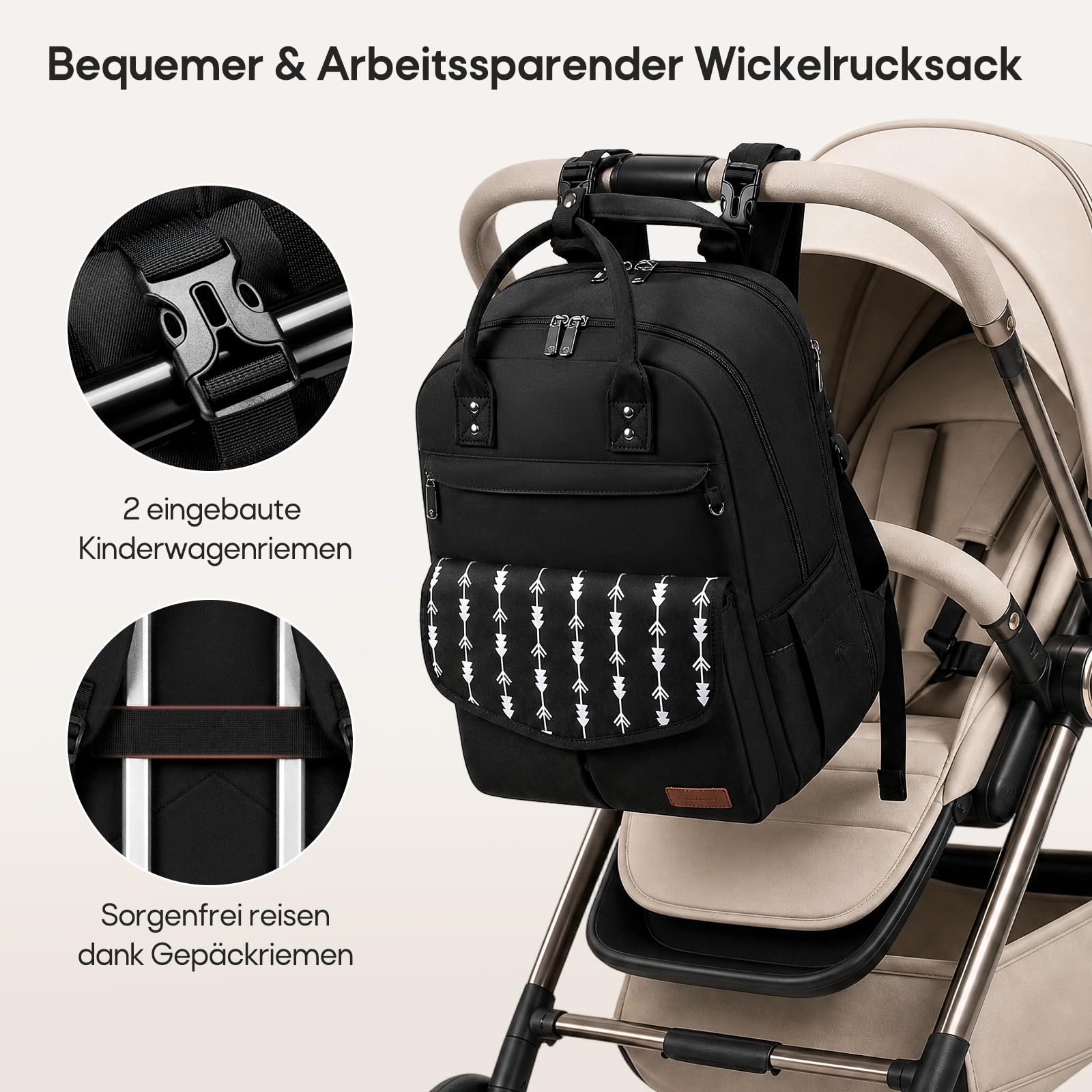 RAINSMORE Wickelrucksack Groß Baby Wickeltasche mit Wickelunterlage Schwarz | Wasserdichte Wickeltasche mit Schnullerbox, isolierten Flaschenfächern einhändigem Zugriff Kinderwagenbefestigung für Eltern