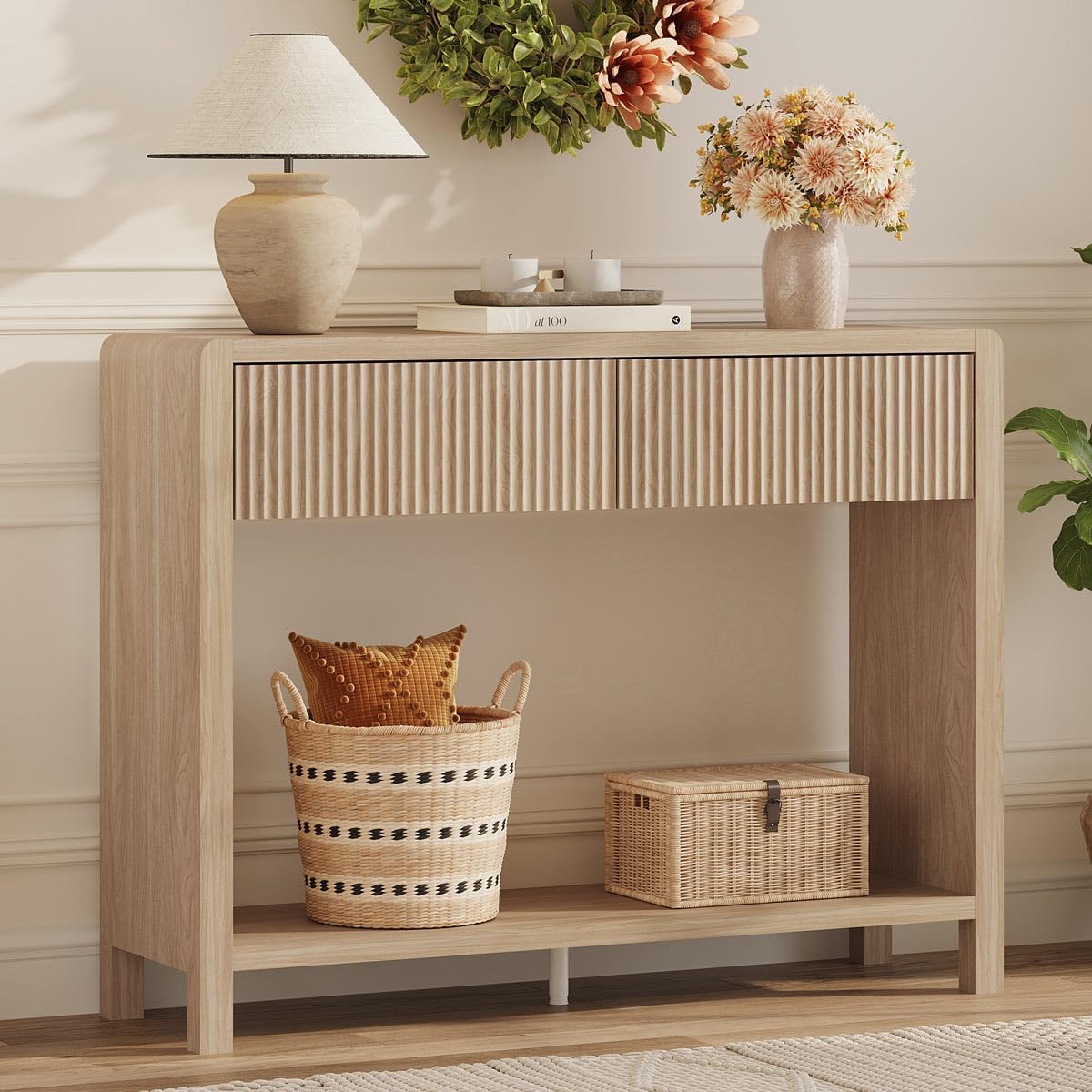 FATORRI Console Sofa Table, Wooden Entryway Table for Living Room, 39.37 inch Modern Hallway Tables and Couch Tables Behind Sofa (Light Walnut)