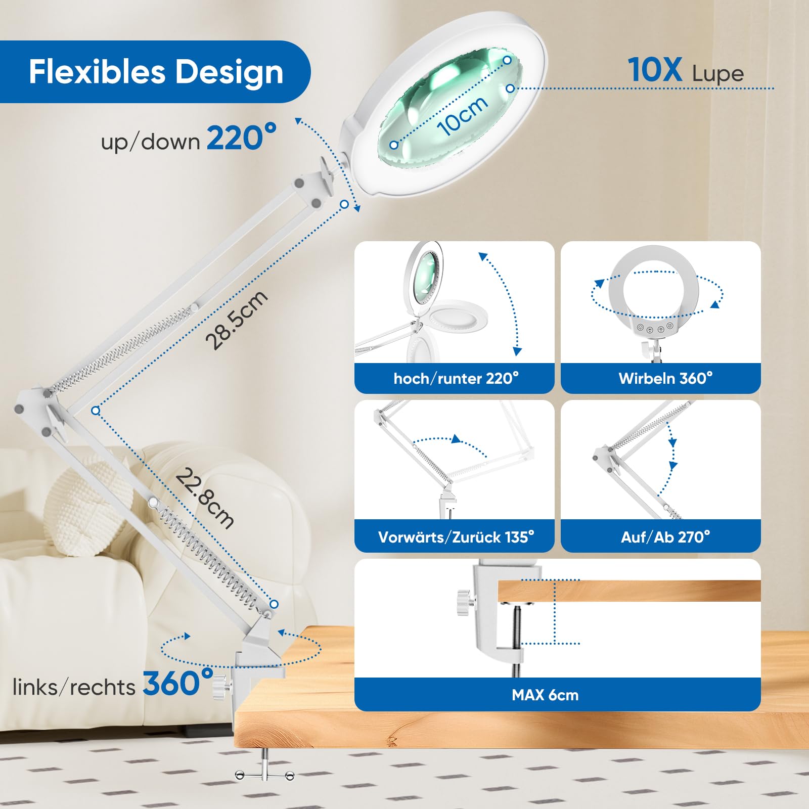 10X Lupa con Luz y Abrazadera, Lupa Iluminada de Cristal Genuino con 5 Modos de Color y Intensidad Regulable sin Escalones, Lámpara de Escritorio Manos Libres para Hobbies, Manualidades
