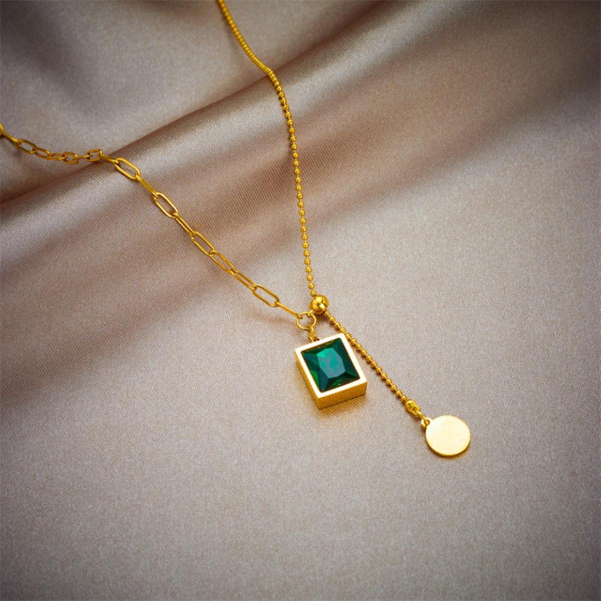 316L Stainless Steel Square Green Crystal Zircon Pendant Necklace