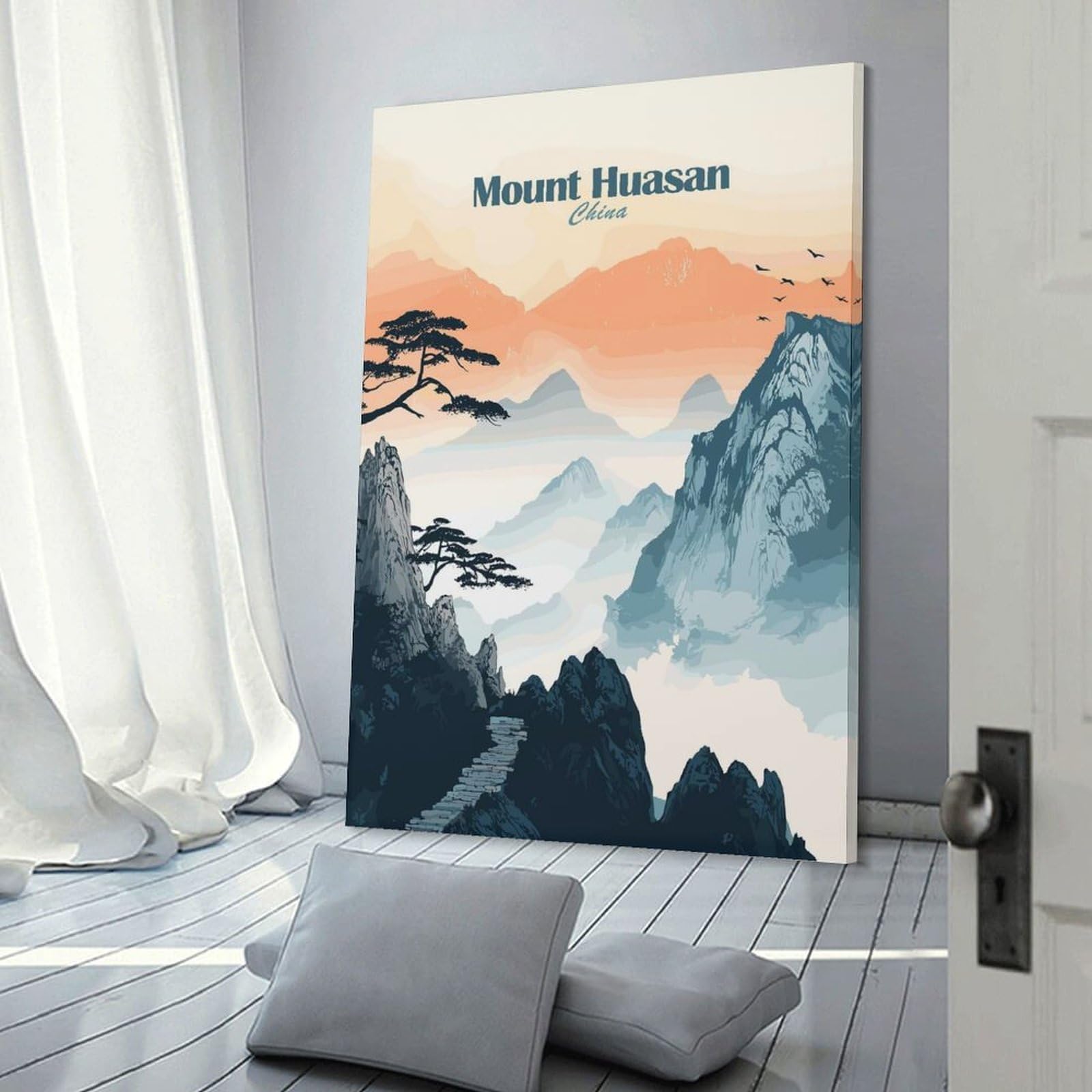 Junmoney Mount Huasan China Landscape Hanging Wall Art, 24x36inch(60x90cm), for Entryway, Lounge Links Or Small Walls, Home Artwork for First Impressions