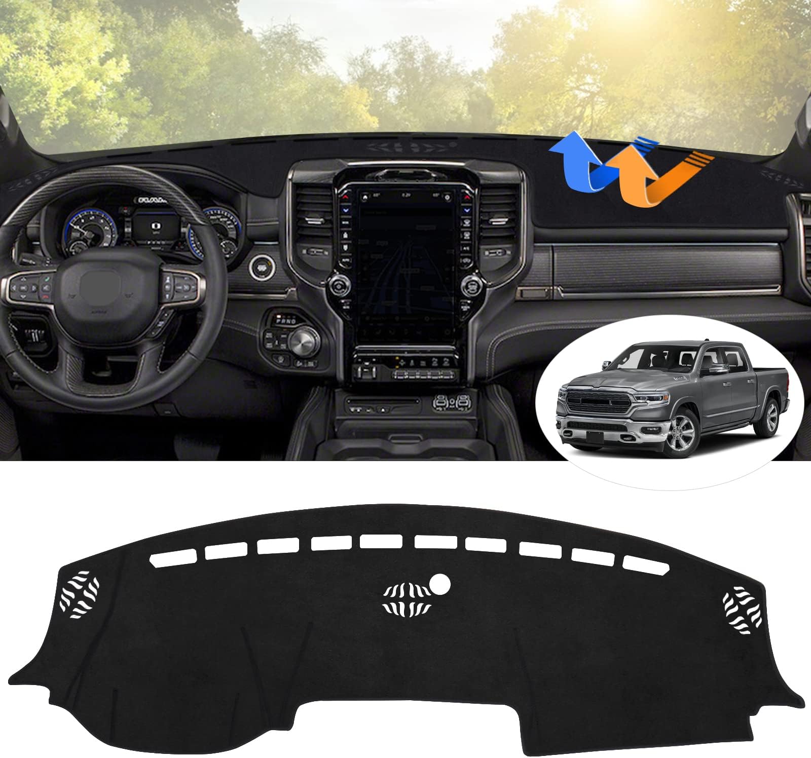 Autorder Custom Fit for Dashboard Cover Mat for 2019-2022 2023 Dodge Ram 1500 2500 3500 Accessories Dash Mat Flannel Nonslip Dash Cover Sunshade Glare UV Rays Protector Black