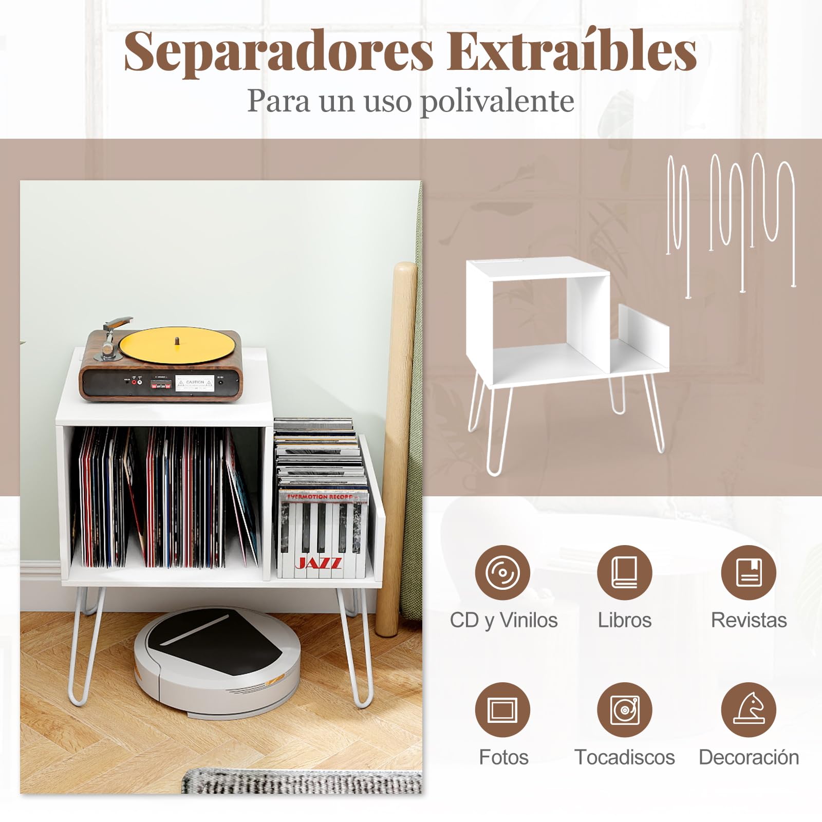 COSTWAY Mueble Tocadiscos con Estación de Carga, Soporte Tocadiscos con Divisor de Vinilos, Estante de Exhibición y Patas de Metal, Mesa Auxiliar de Discos hasta 145 Álbumes, 66x45x67 cm (Blanco)