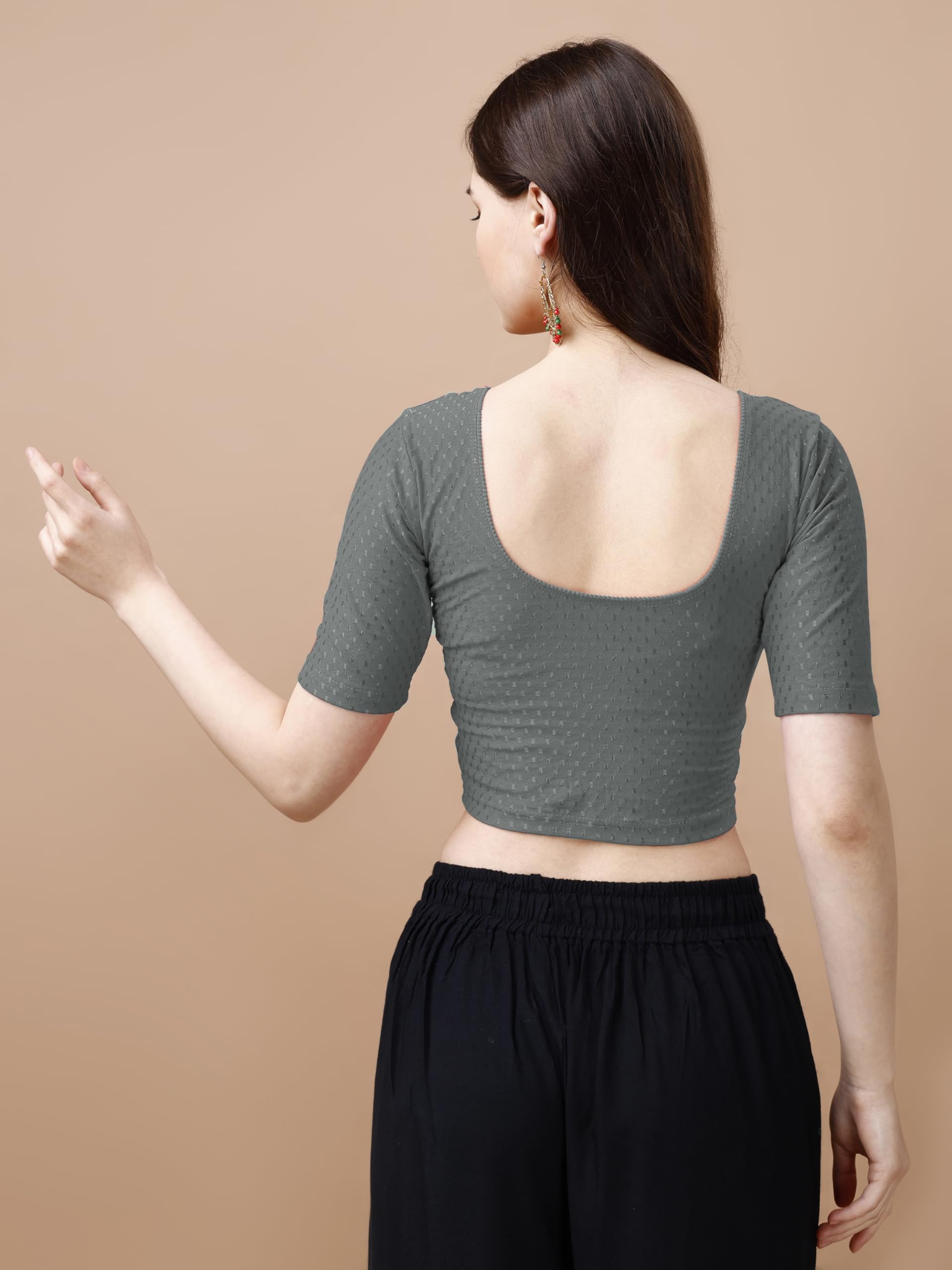 Pujia Mills Women's Readymade Dobby Cotton Lycra Stretchable Round Neck Half Sleeve Blouse Fancy Grey Color Lycra Stretchable Blouse For Women Stylish Readymade Saree Blouse