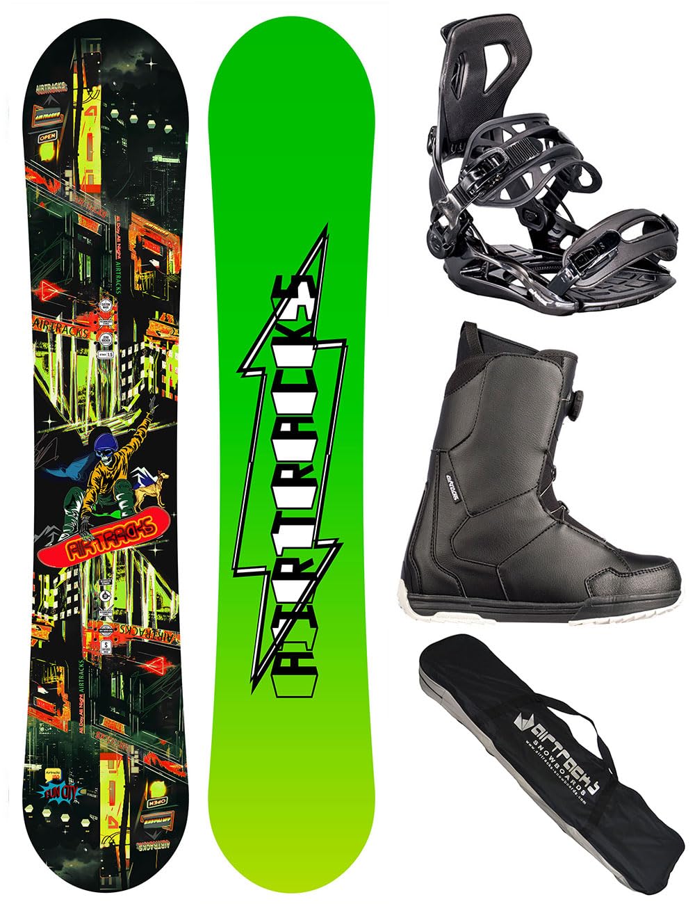 Airtracks Set snowboard da uomo Wide Fun City Freestyle Freeride 155 – Snowboard Bindung Master – Softboots Master ATOP 46 – SB Bag